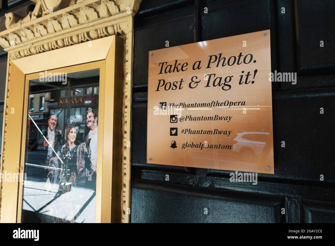 "Phantom of the Opera" Social Media Photo Sign al Majestic Theatre, 245 W. 44th Street, Times Square, New York Foto Stock