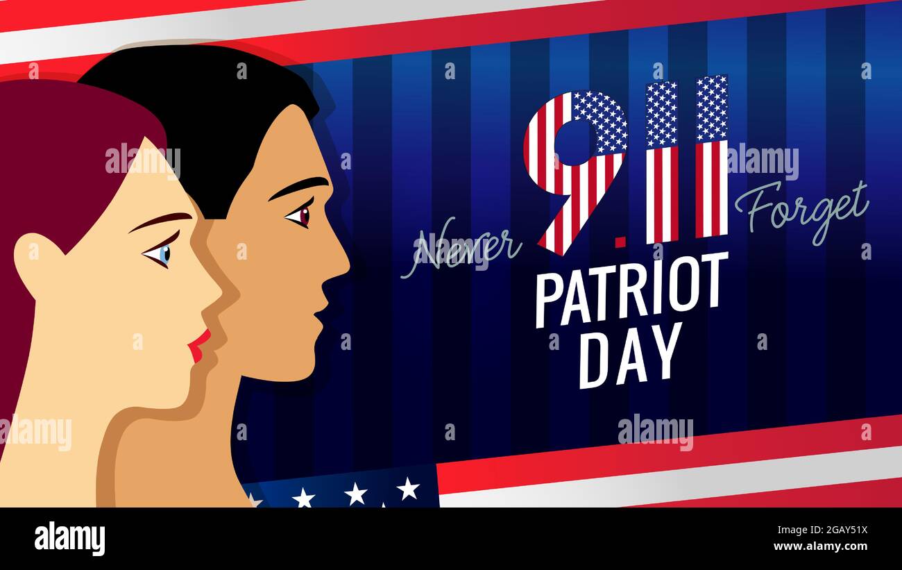 911 non dimenticate mai, bandiera USA Patriot Day con l'uomo e la donna. 11 settembre 2001 background vettoriale patriota giorno. Giornata nazionale della memoria, USA Illustrazione Vettoriale