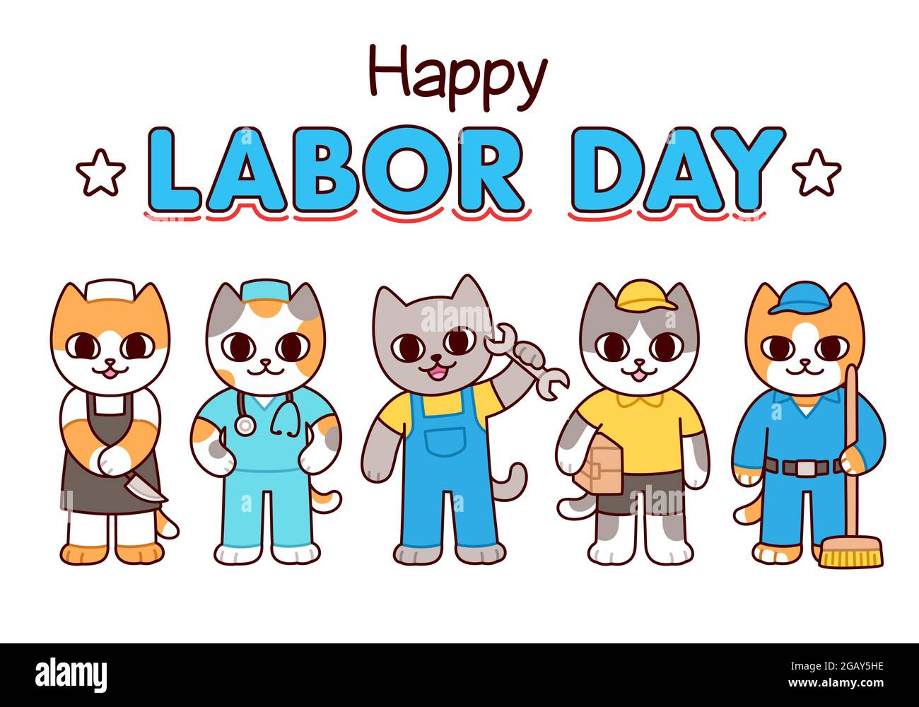 Happy Labor Day, simpatici gatti kawaii di diverse professioni. Personaggi divertenti della classe di lavoro dei cartoni animati. Vettore Illustrazione Vettoriale