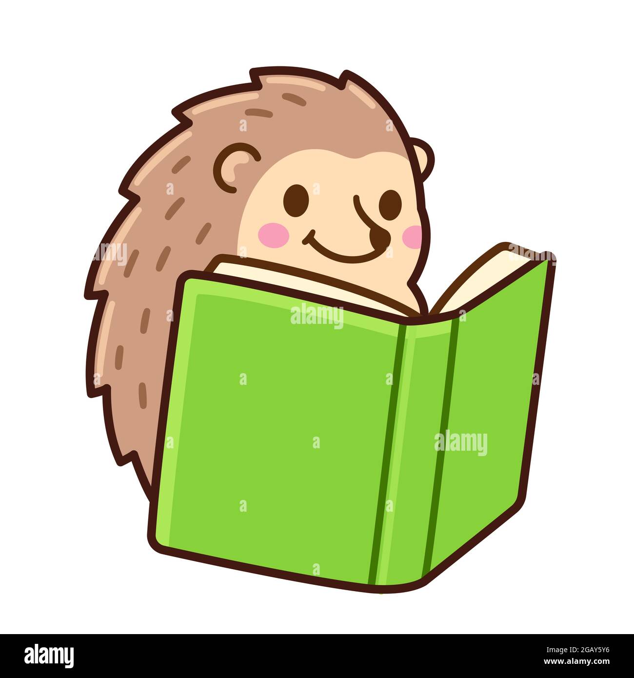 Carino hedgehog cartoon leggere un libro. Divertente disegno animale, educazione dei bambini. Immagine vettoriale clip art. Illustrazione Vettoriale