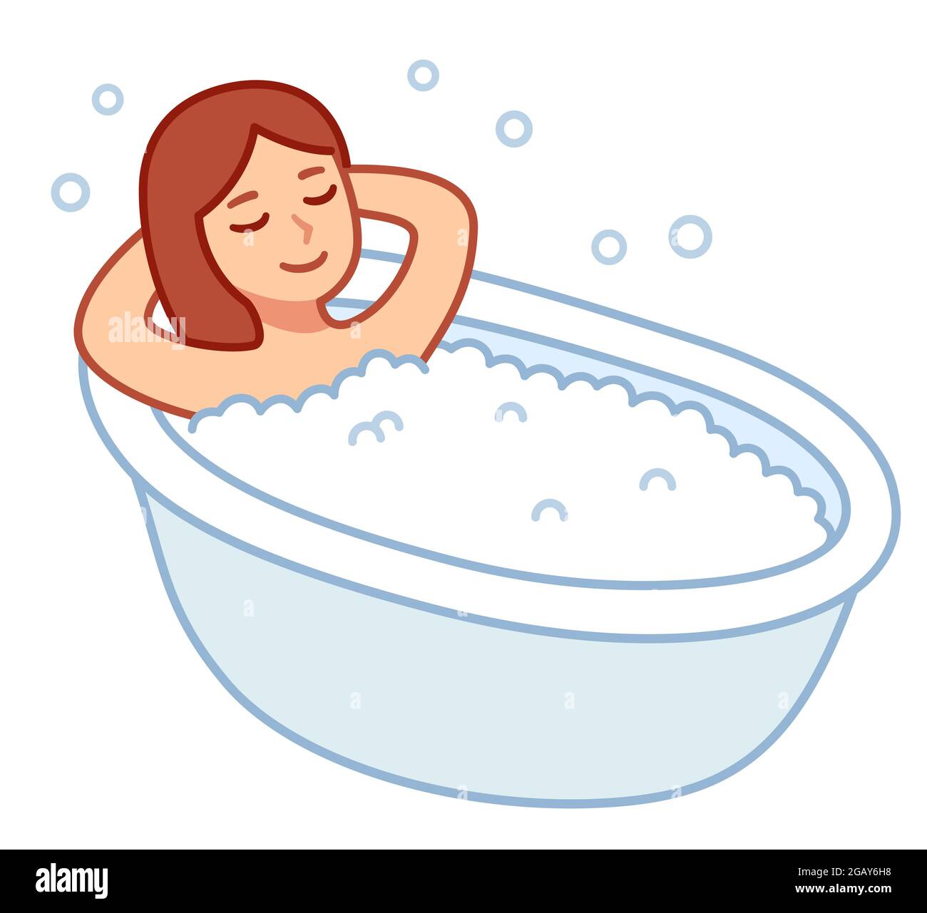 Carino donna cartone animato che prende bagno bolla. Bella ragazza che si rilassa nella vasca da bagno. Disegno vettoriale, semplice illustrazione di clip art. Illustrazione Vettoriale