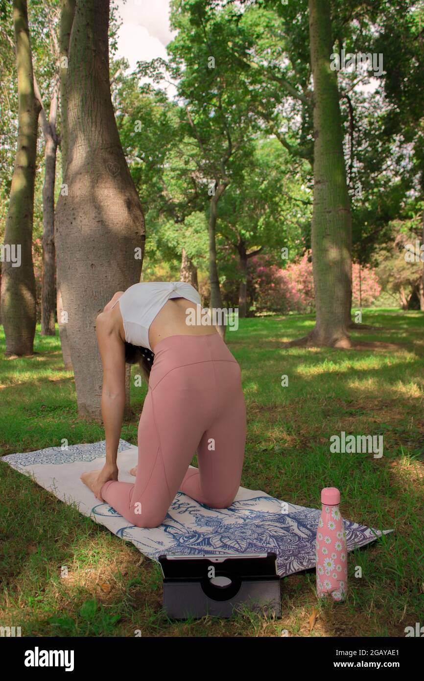 Immagine verticale di una giovane donna irriconoscibile che fa una posa in cammello mentre fa un video con il suo tablet per i suoi social network. Pilates Outdoor 2021. Foto Stock