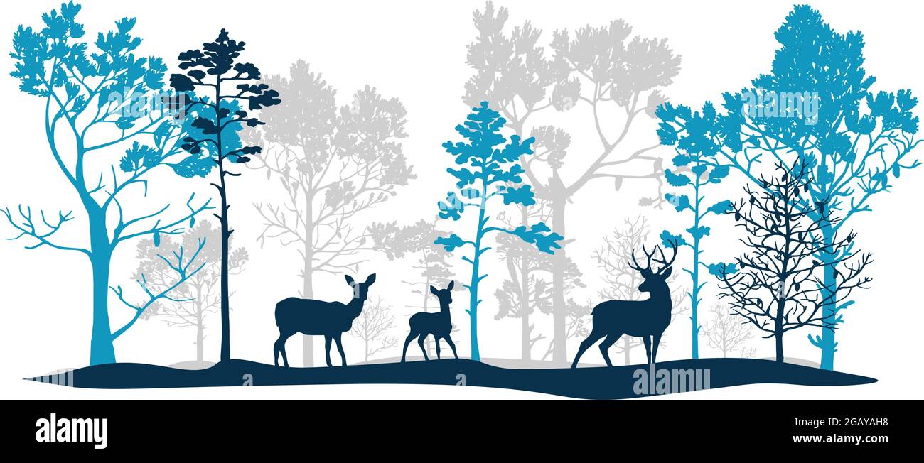 Set blu e grigio di alberi di diverse forme e dimensioni, cervi, caprioli, pegni. Spazzola. Silhouette di foresta e animali. Immagine isolata su bianco ba Illustrazione Vettoriale