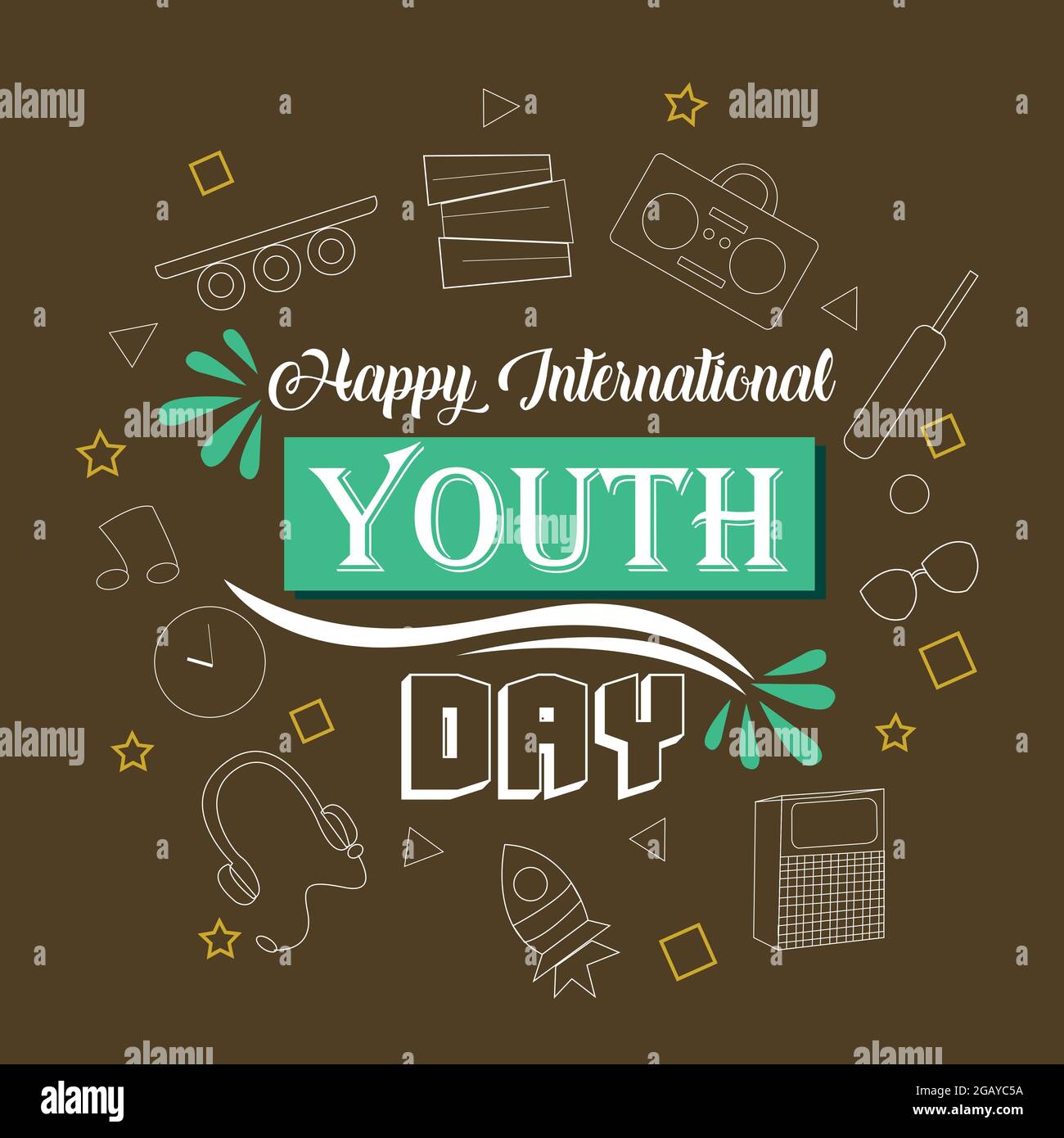 Poster della Giornata della Gioventù. Scritta calligrafica della Giornata Internazionale della Gioventù. Lo sfondo è decorato con diverse attrezzature. Illustrazione Vettoriale