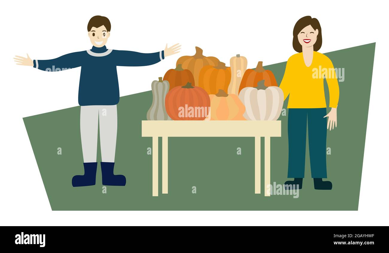 Mercato agricolo biologico fresco. Coltivatore vende zucche fresche coltivate localmente. Vendemmia autunnale. Diverse gourds. Illustrazione vettoriale isolata Illustrazione Vettoriale