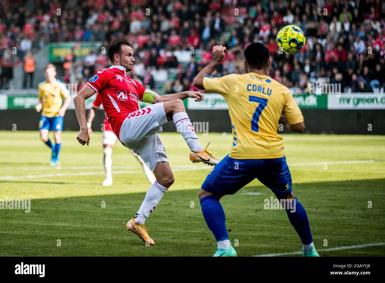 Vejle, Danimarca. 01 agosto 2021. Jacob Schoop (20) di Vejle Boldklub visto durante la partita 3F Superliga tra Vejle Boldklub e Broendby IF a Vejle Stadion a Vejle. (Photo Credit: Gonzales Photo/Alamy Live News Foto Stock