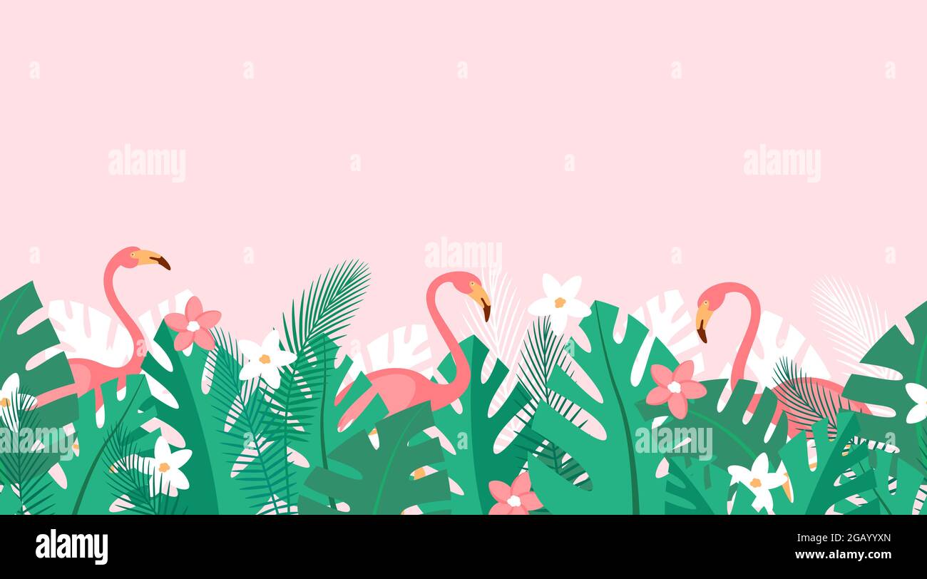 Ripetizione orizzontale con piante tropicali, fiori e fenicotteri rosa. Sfondo estivo con foglie di palma verdi. Sfondo semplice, vettoriale Illustrazione Vettoriale