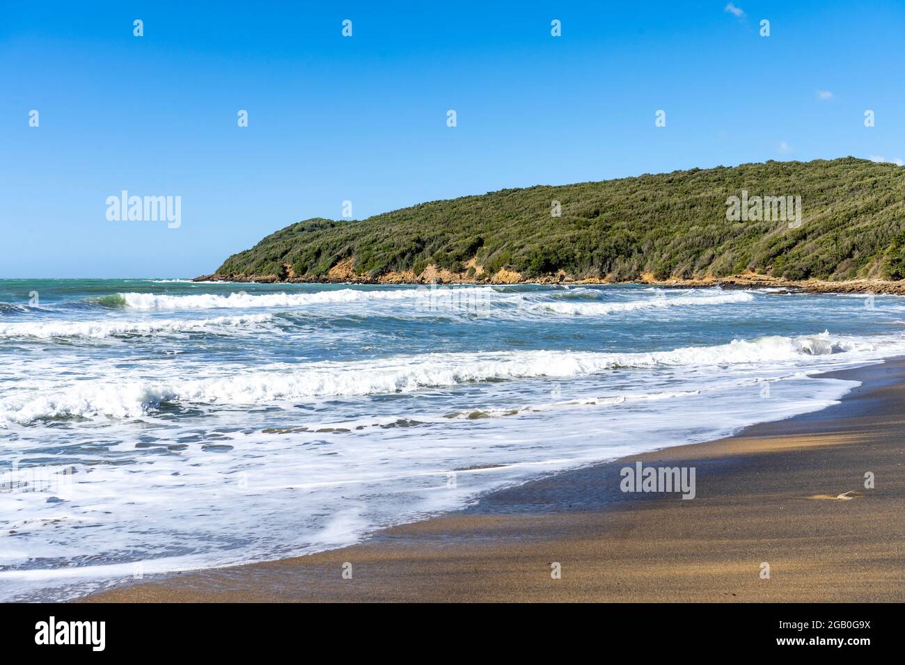 La spiaggia sabbiosa del Golfo di Baratti, nel comune di Piombino, lungo la Costa degli Etruschi, provincia di Livorno, Toscana, Italia Foto Stock