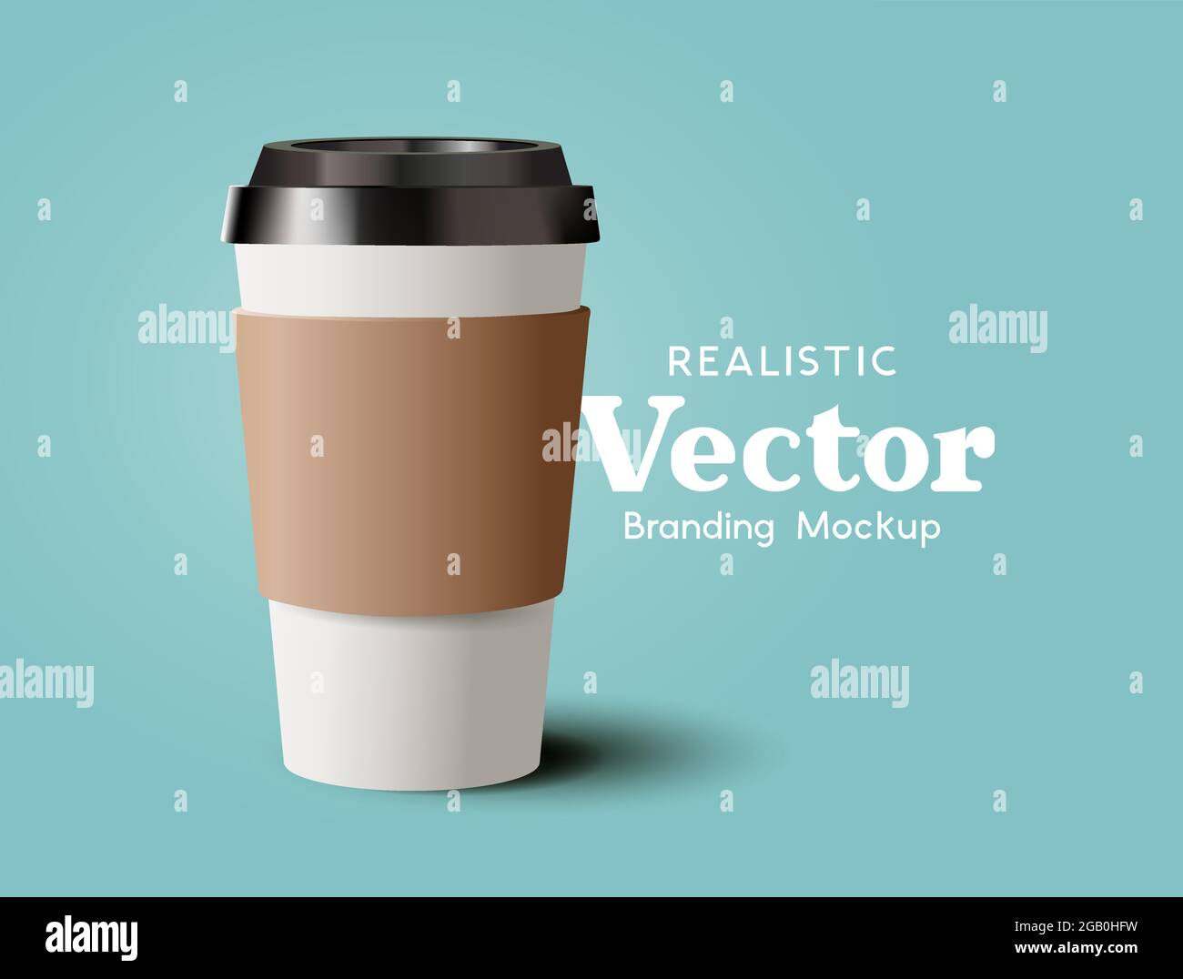 Una tazza di caffè in cartone da asporto realistica. Illustrazione vettoriale del modello di marketing per bevande calde contemporanee Illustrazione Vettoriale