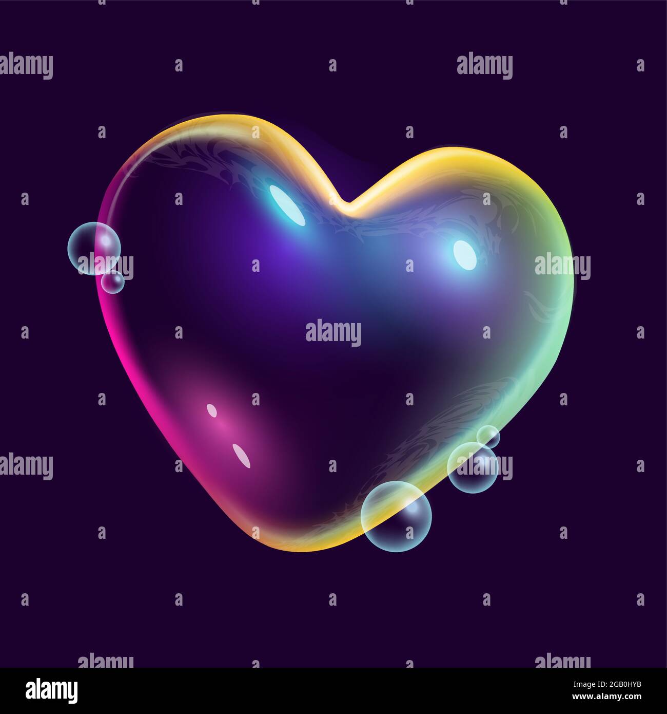Una bolla di sapone galleggiante di colore arcobaleno a forma di cuore. Illustrazione vettoriale creativa Illustrazione Vettoriale