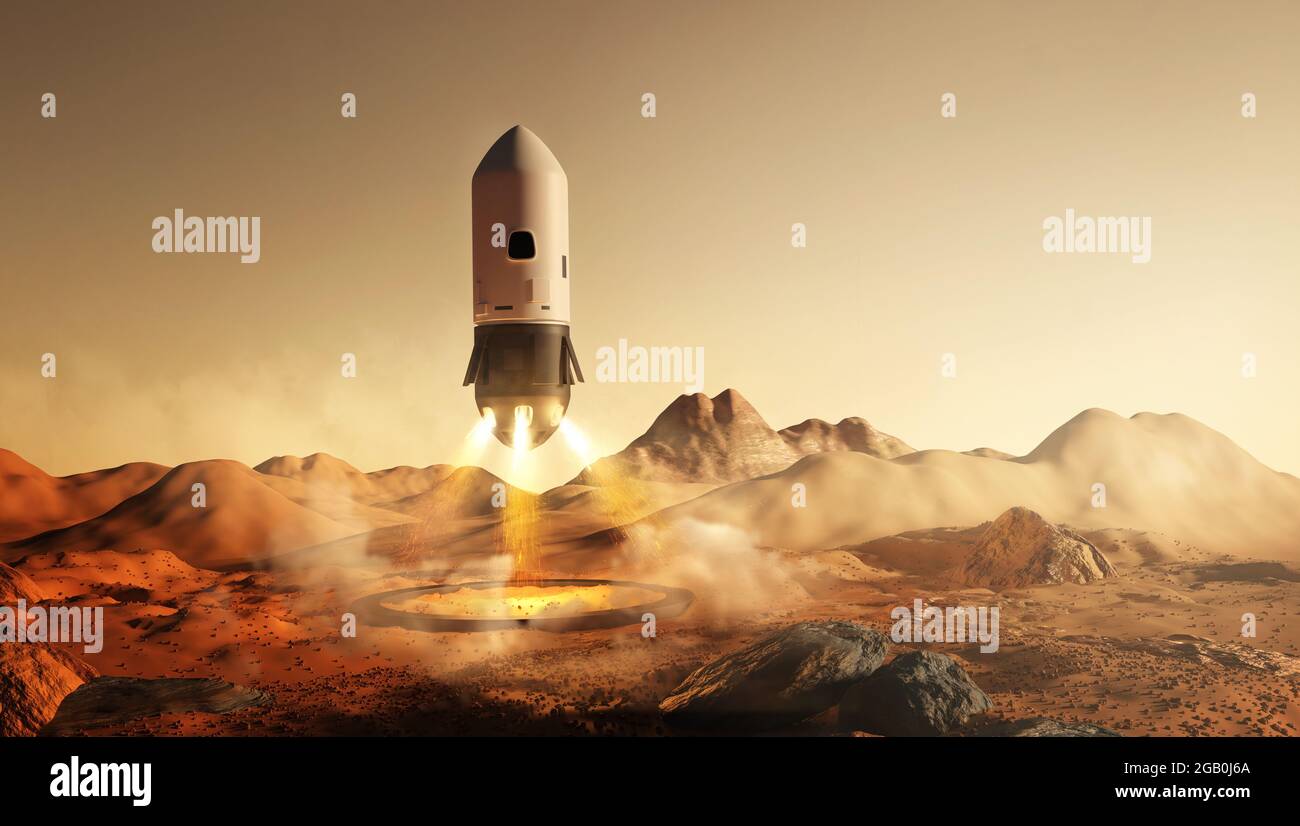 Una missione futuristica su Marte. Un razzo che trasporta astronauti che atterrano sulla superficie marziana. Illustrazione 3D Foto Stock