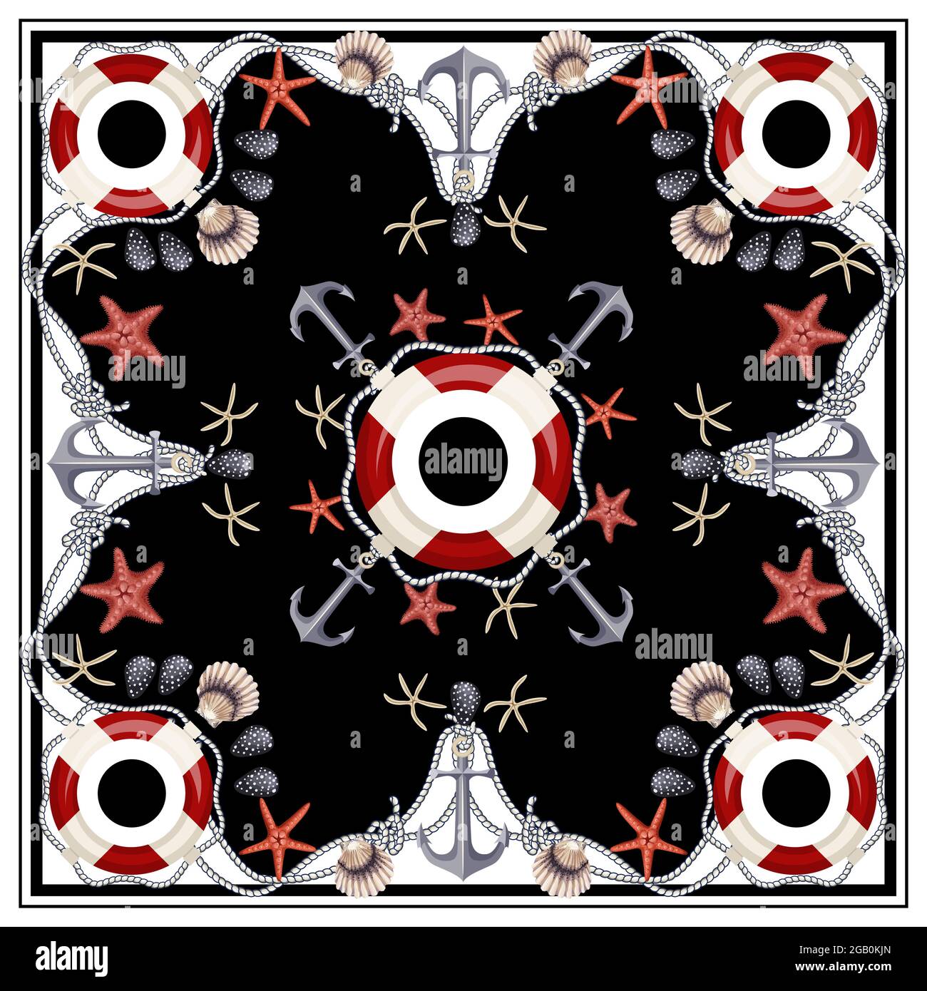 Sciarpa di design con stelle, ancore, conchiglie e salvagente. Vettore. Illustrazione Vettoriale