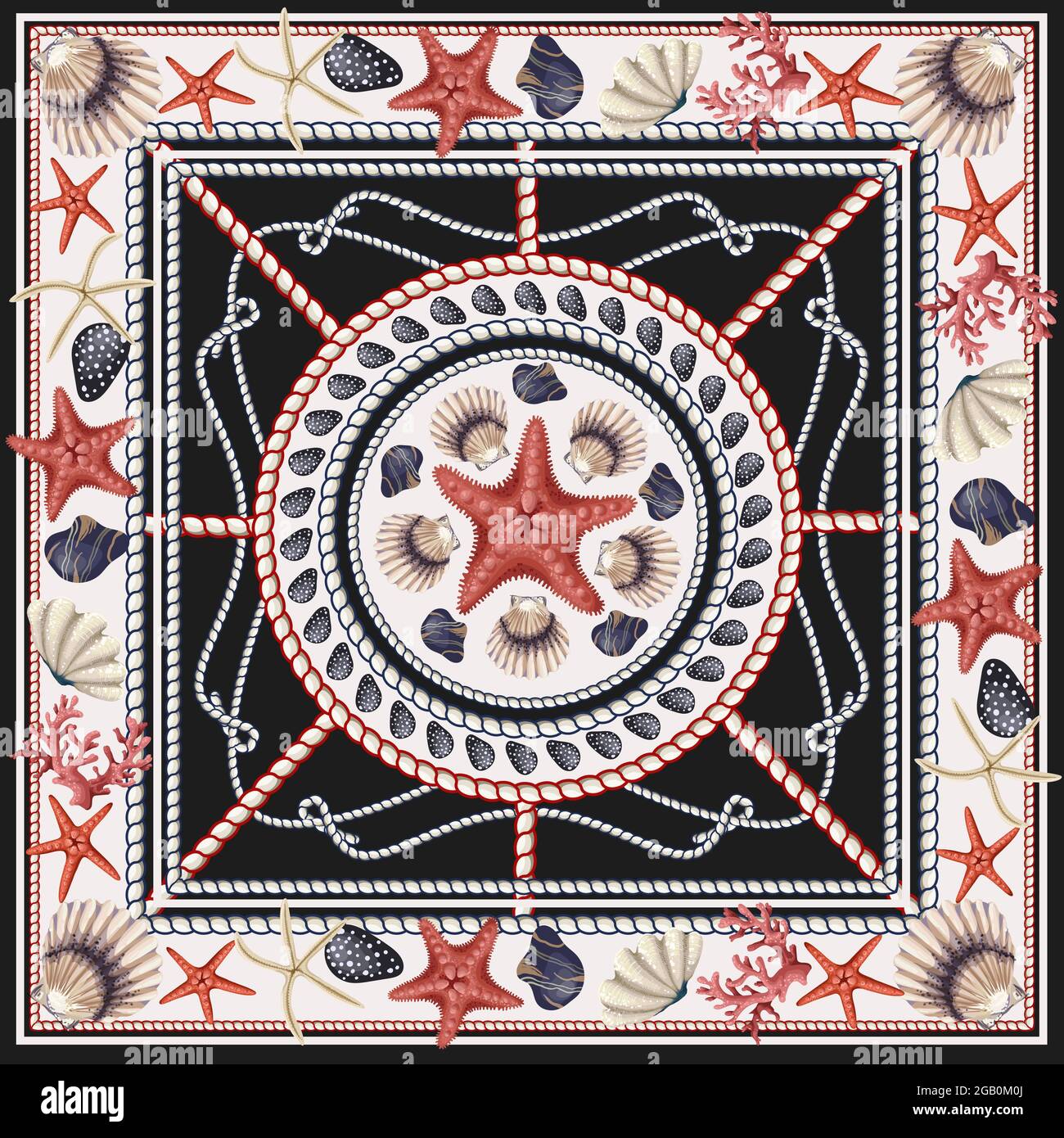 Sciarpa di design con paludi, conchiglie e corda. Stampa vettoriale trendy. Illustrazione Vettoriale