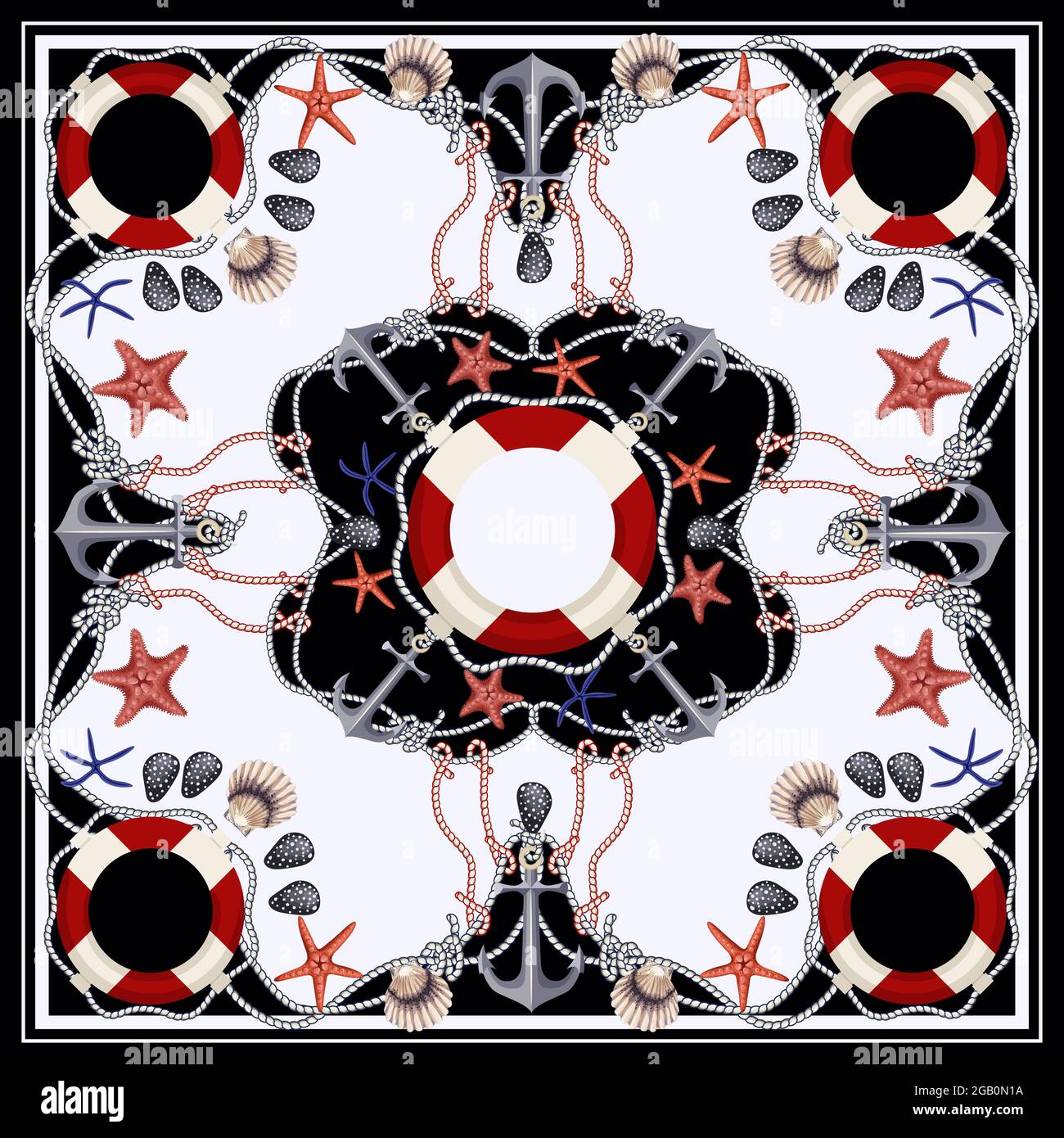 Sciarpa di design con stelle, ancore, conchiglie e salvagente. Vettore. Illustrazione Vettoriale