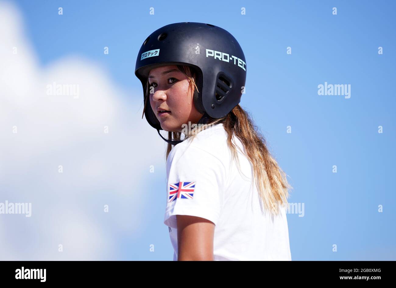 Great Britain's Sky Brown durante una sessione di allenamento all'Ariake Skateboard Park il decimo giorno dei Giochi Olimpici di Tokyo 2020 in Giappone. Data immagine: Lunedì 2 agosto 2021. Foto Stock