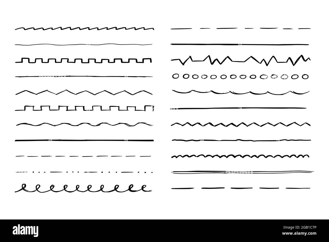 Set di linee tracciate a mano. Tracciare lo stile del tratto a matita. Onda orizzontale e linea di doodle a zigzag. Illustrazione vettoriale per bordo, cornice. Illustrazione Vettoriale