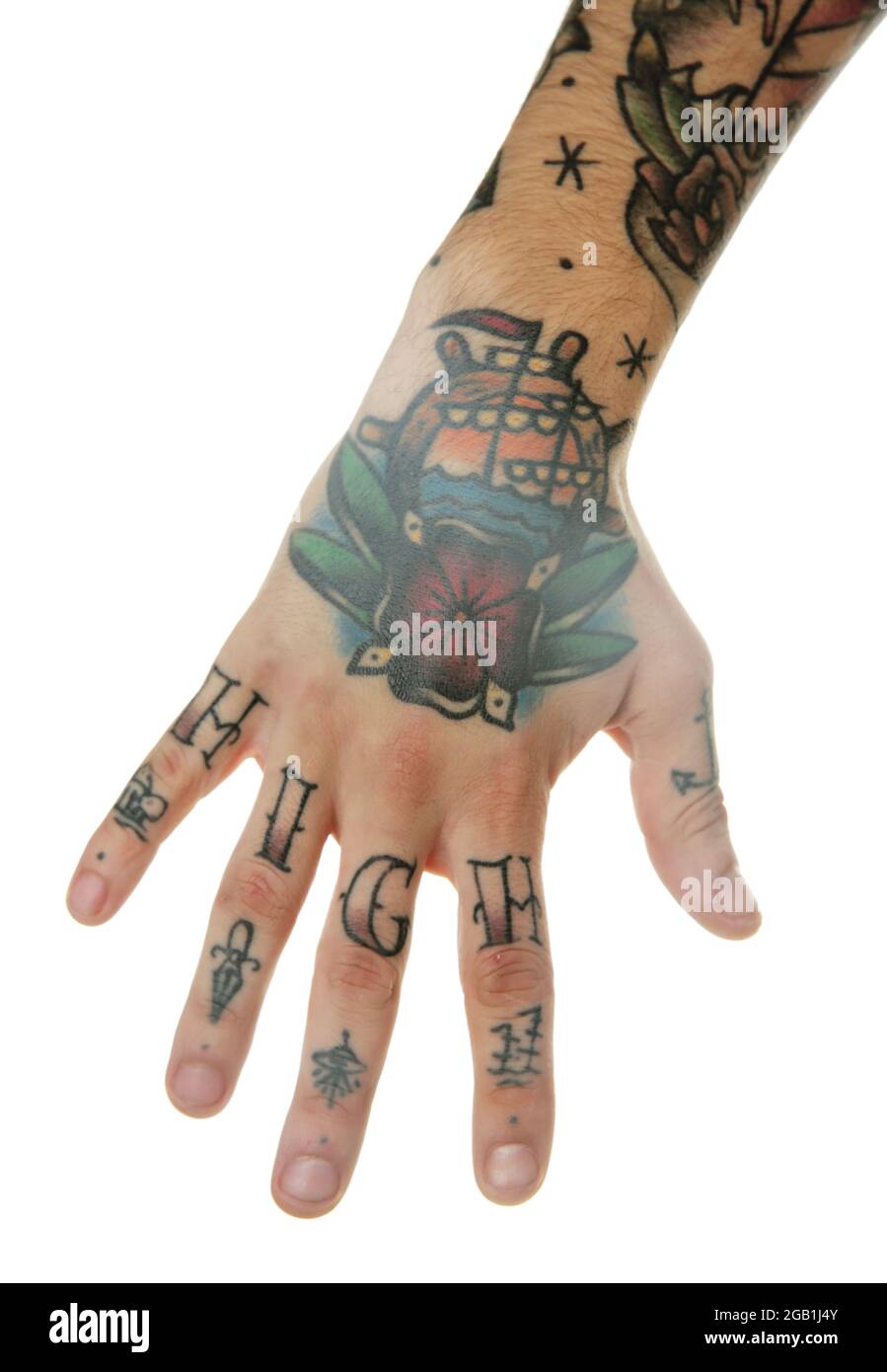 Tatuaggio astratto su mano maschile su sfondo bianco Foto stock - Alamy