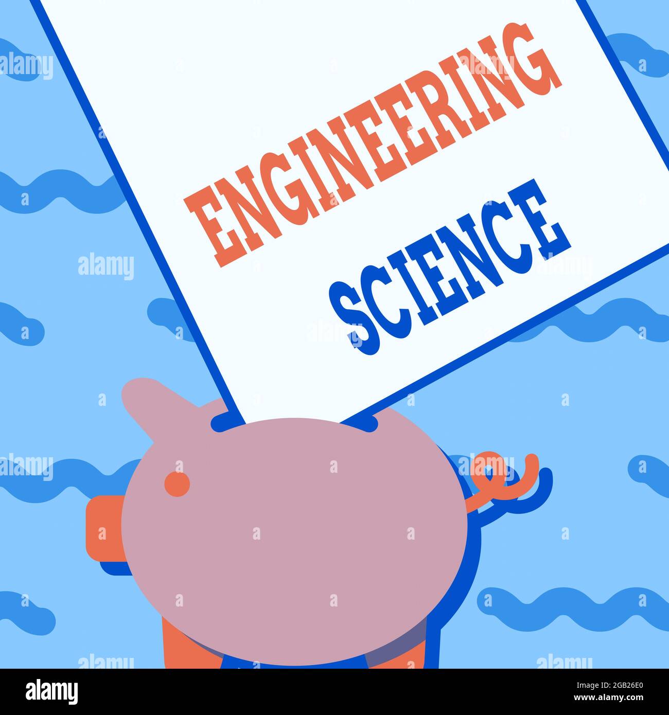 Titolo concettuale Engineering Science. Parola per trattare con basi fisiche e matematiche di ingegneria Piggy Bank disegno con grande foglio di carta Foto Stock