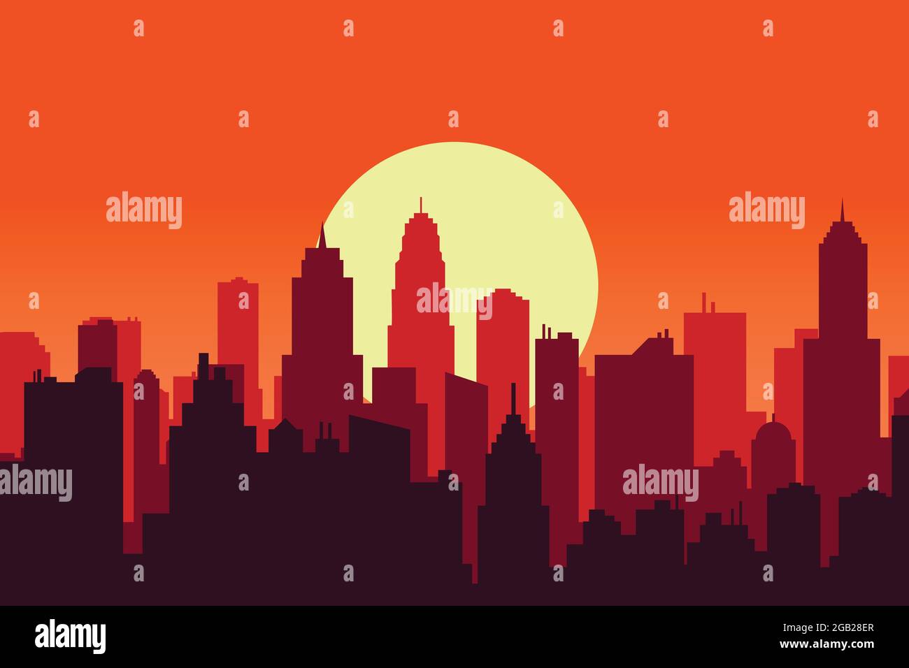 Tramonto cielo crepuscolo vettore illustrazione della panoramica città silhouette Illustrazione Vettoriale