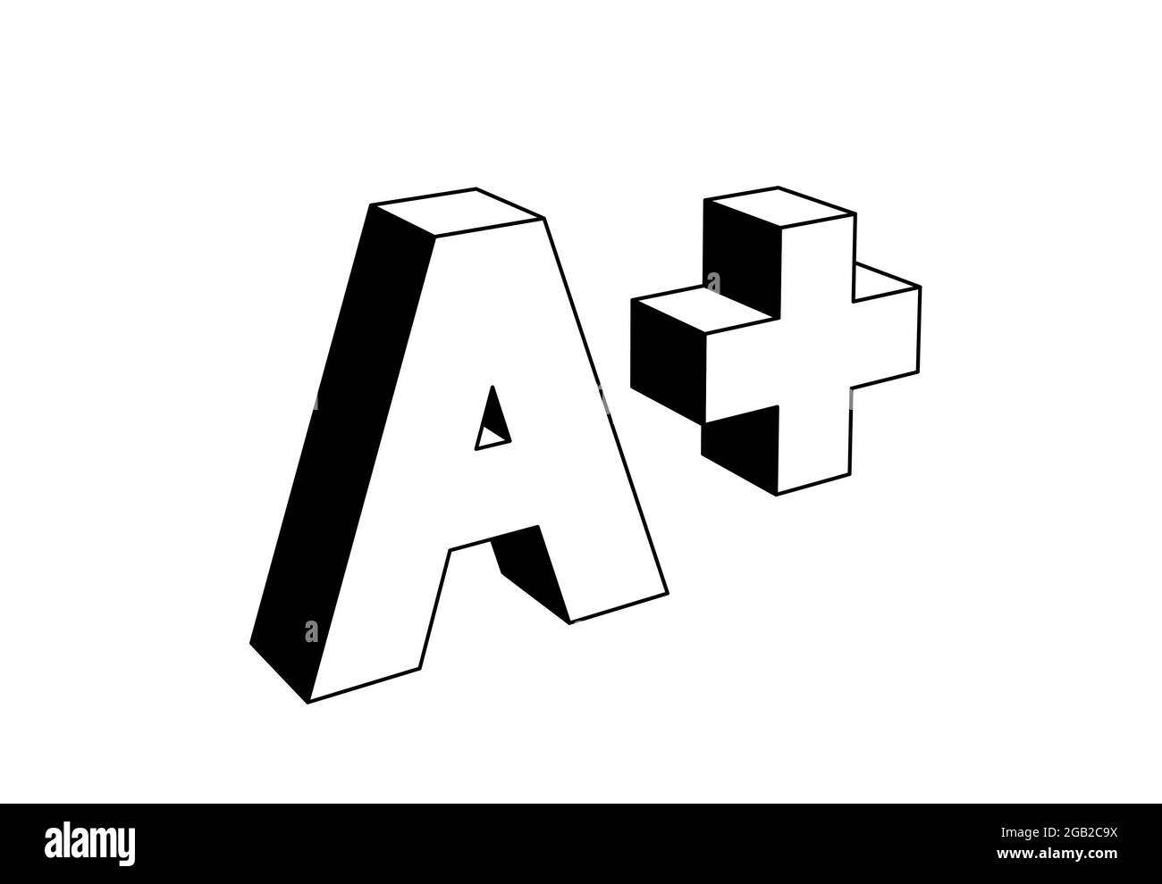 una lettera più, sistema di classificazione scolastico basato su lettere alfabetiche, illustrazione 3d in bianco e nero, stile icona Foto Stock
