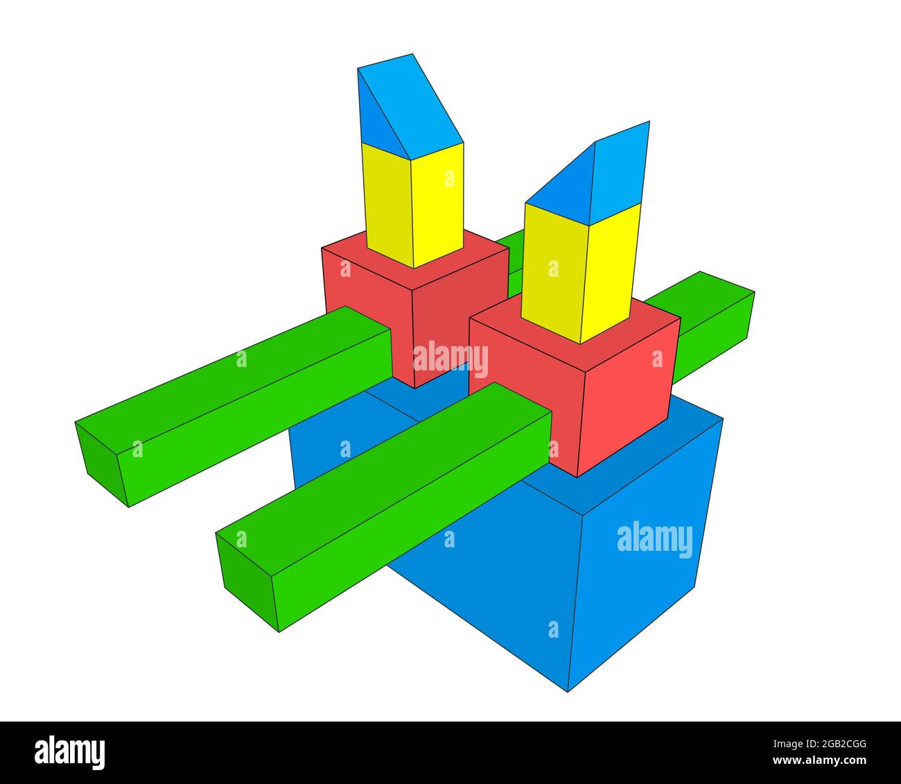 blocchi da costruzione colorati di forma diversa impilati, costruzione astratta con forme geometriche 3d, giocattolo didattico per bambini. illustrazione digitale Foto Stock