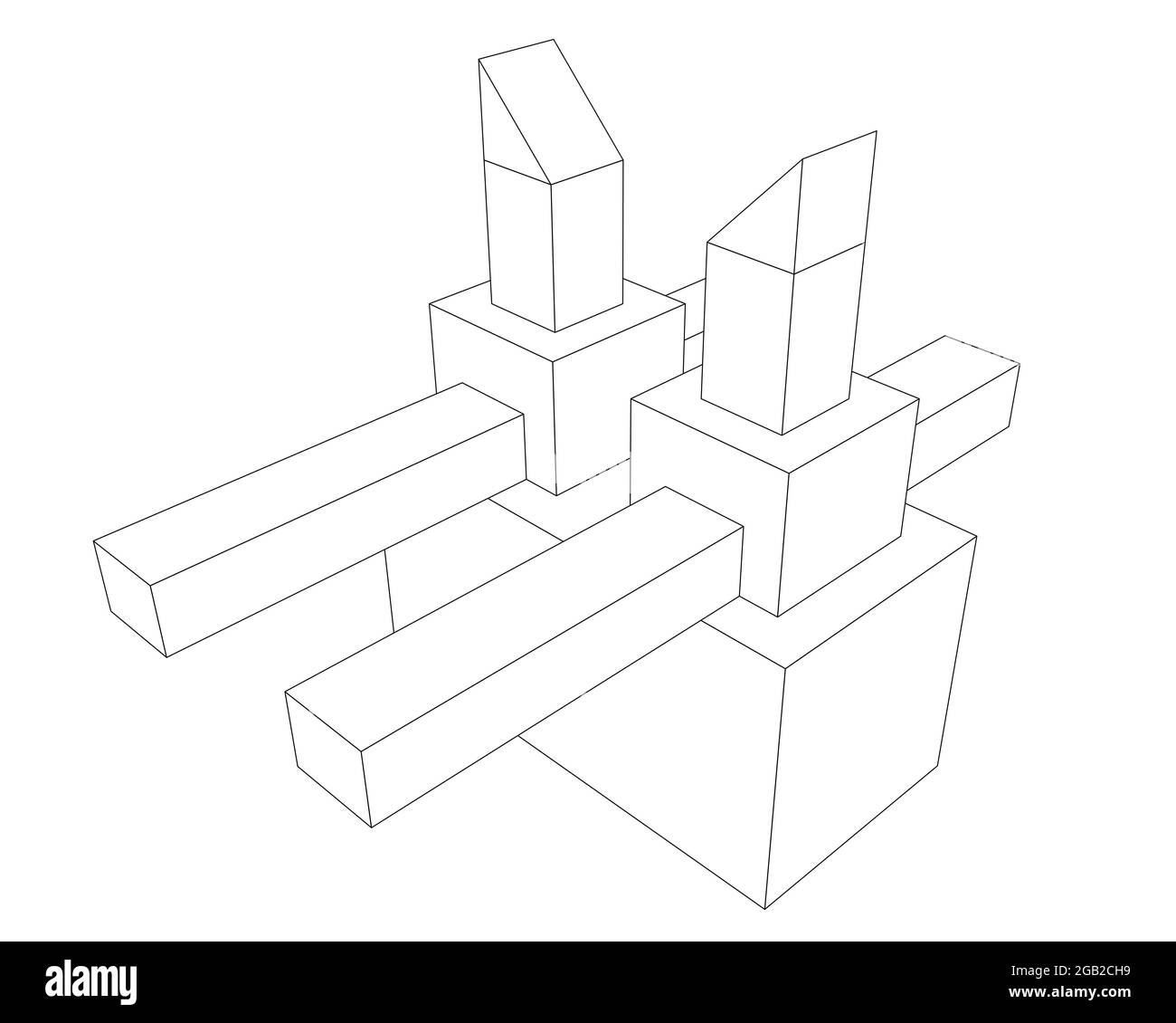 blocchi da costruzione con contorno bianco e nero per bambini, struttura astratta da forme geometriche 3d sovrapposte. illustrazione della vista prospettica Foto Stock