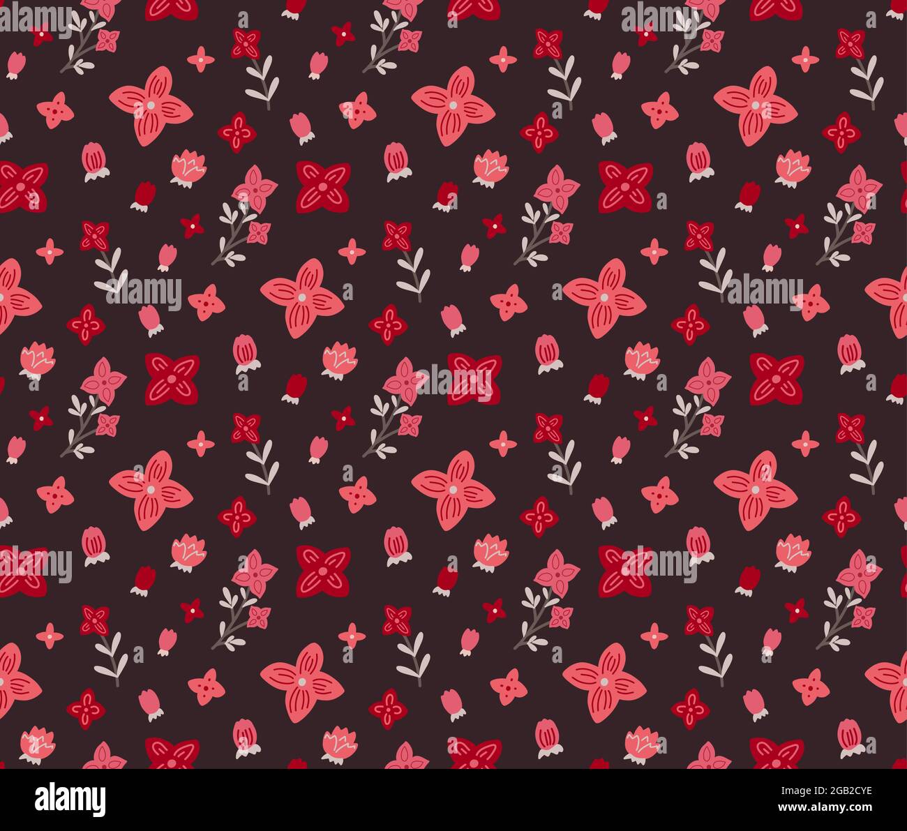 Motivo senza cuciture con piccoli fiori rosa e corallo su sfondo scuro borgogna. Texture naturale con gemme sakura. Carta da parati floreale vettoriale. Fa delicato Illustrazione Vettoriale