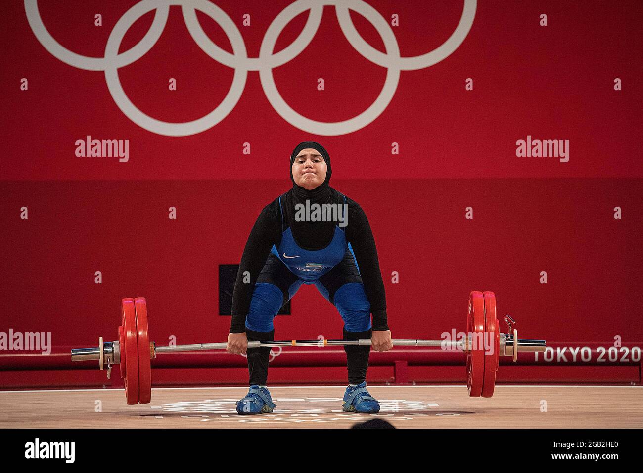 Kumushkhon FAYZULLAEVA (UZB) in un tentativo; sollevamento pesi fino a 76 kg/donna, il 1 agosto 2021; Olimpiadi estive 2020, dal 23.07. - 08.08.2021 a Tokyo/Giappone. Foto Stock