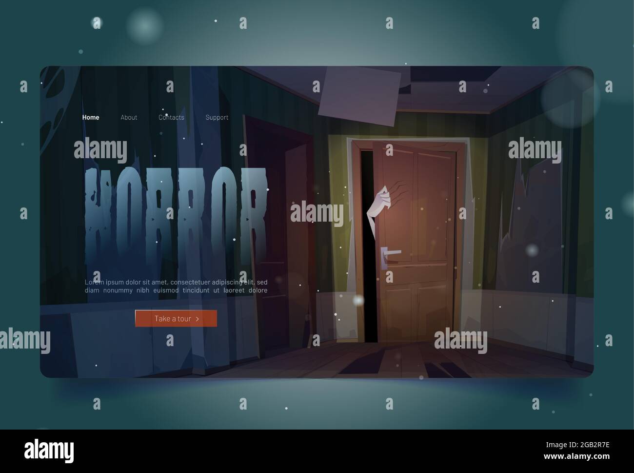 Orrore cartoni animati atterraggio creepy mano graffiando porta Illustrazione Vettoriale