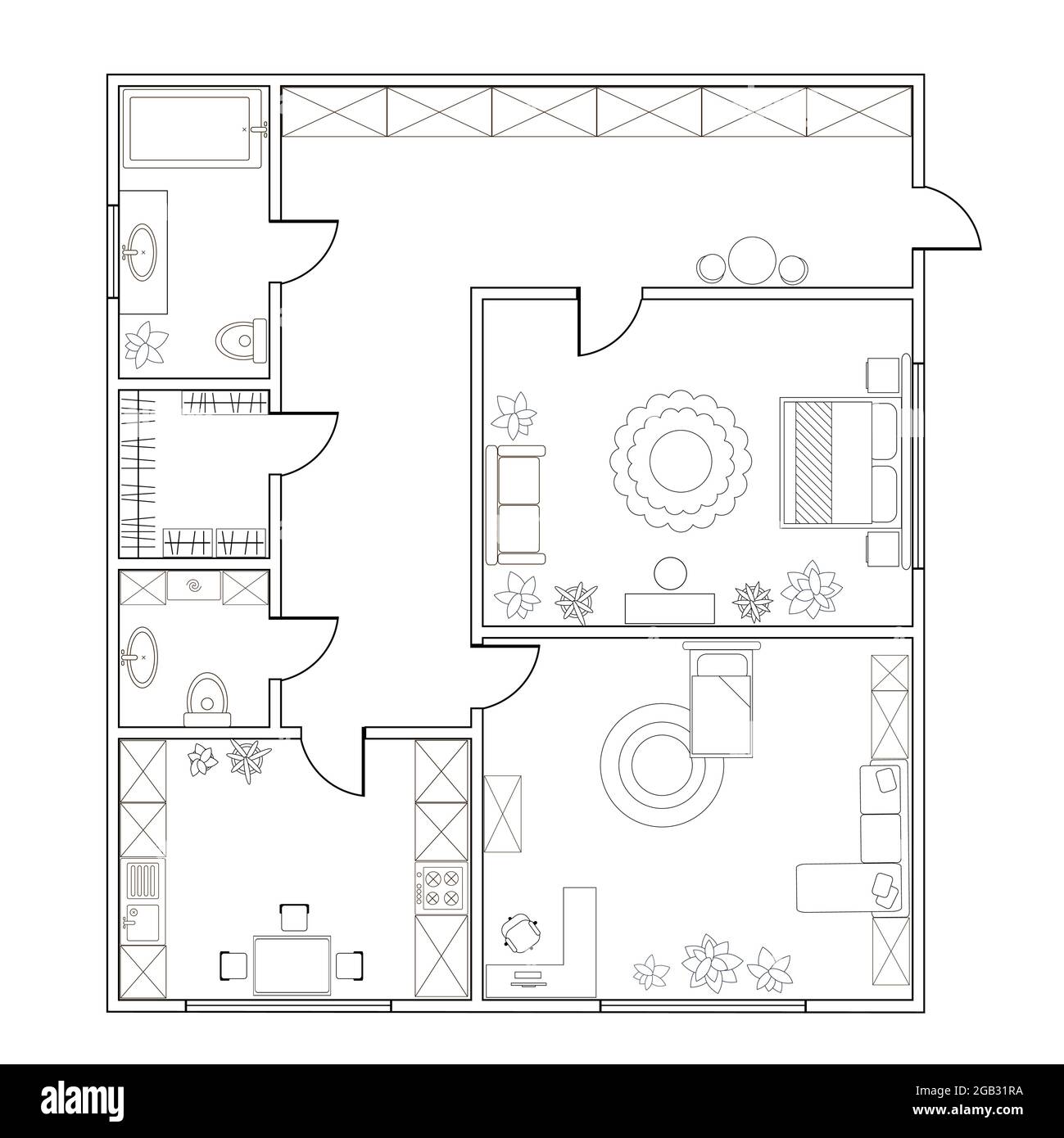 Pianta vettoriale astratta di appartamento con due camere da letto, cucina, bagno, camera da letto, soggiorno. EPS8 Illustrazione Vettoriale