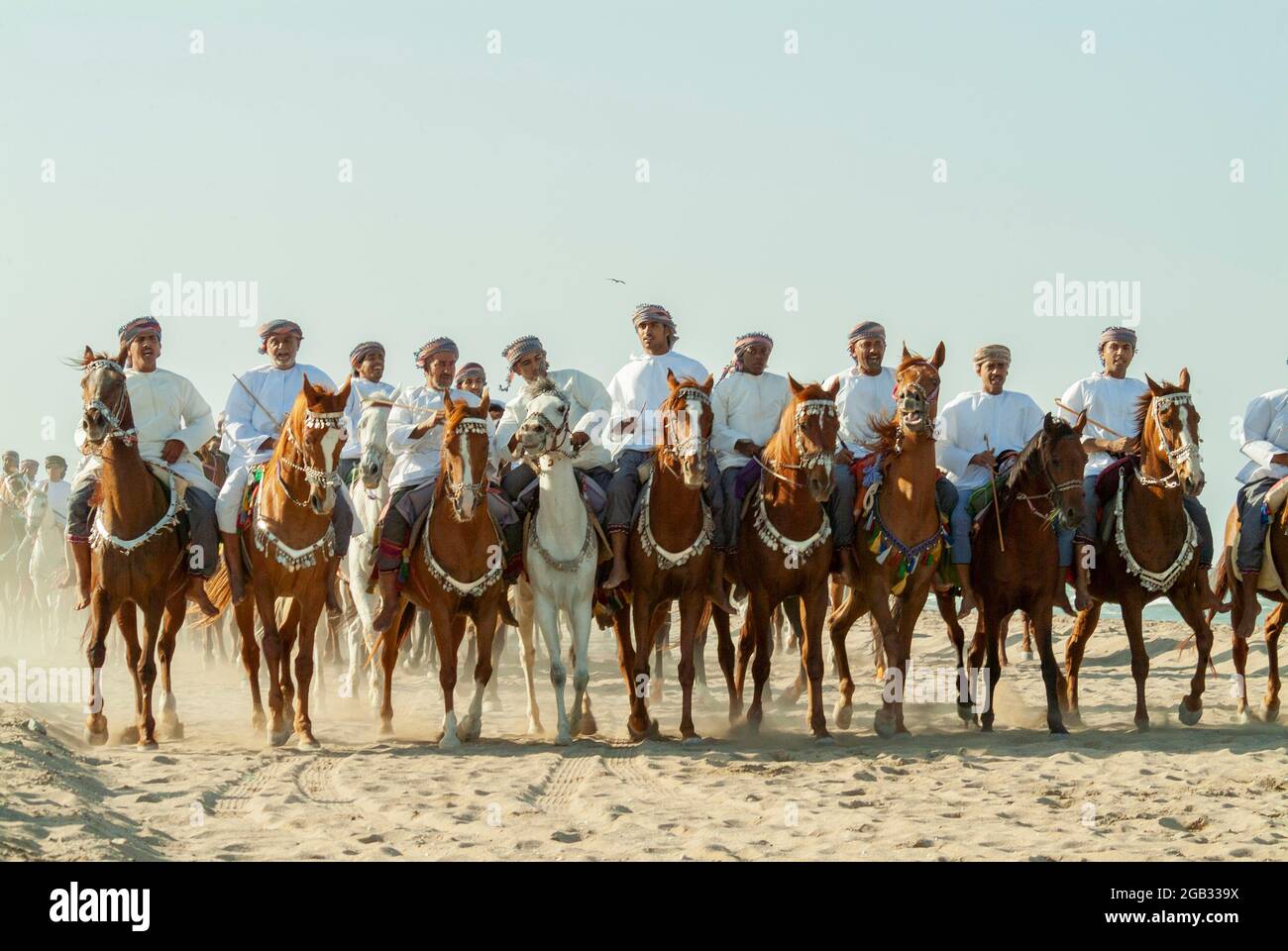 Una foto dei cavalli arabi e dei loro cavalieri in preparazione di una gara vicino al Hail Beach a Mascate, come parte delle gare al Mascate Festival nel 2008 Foto Stock
