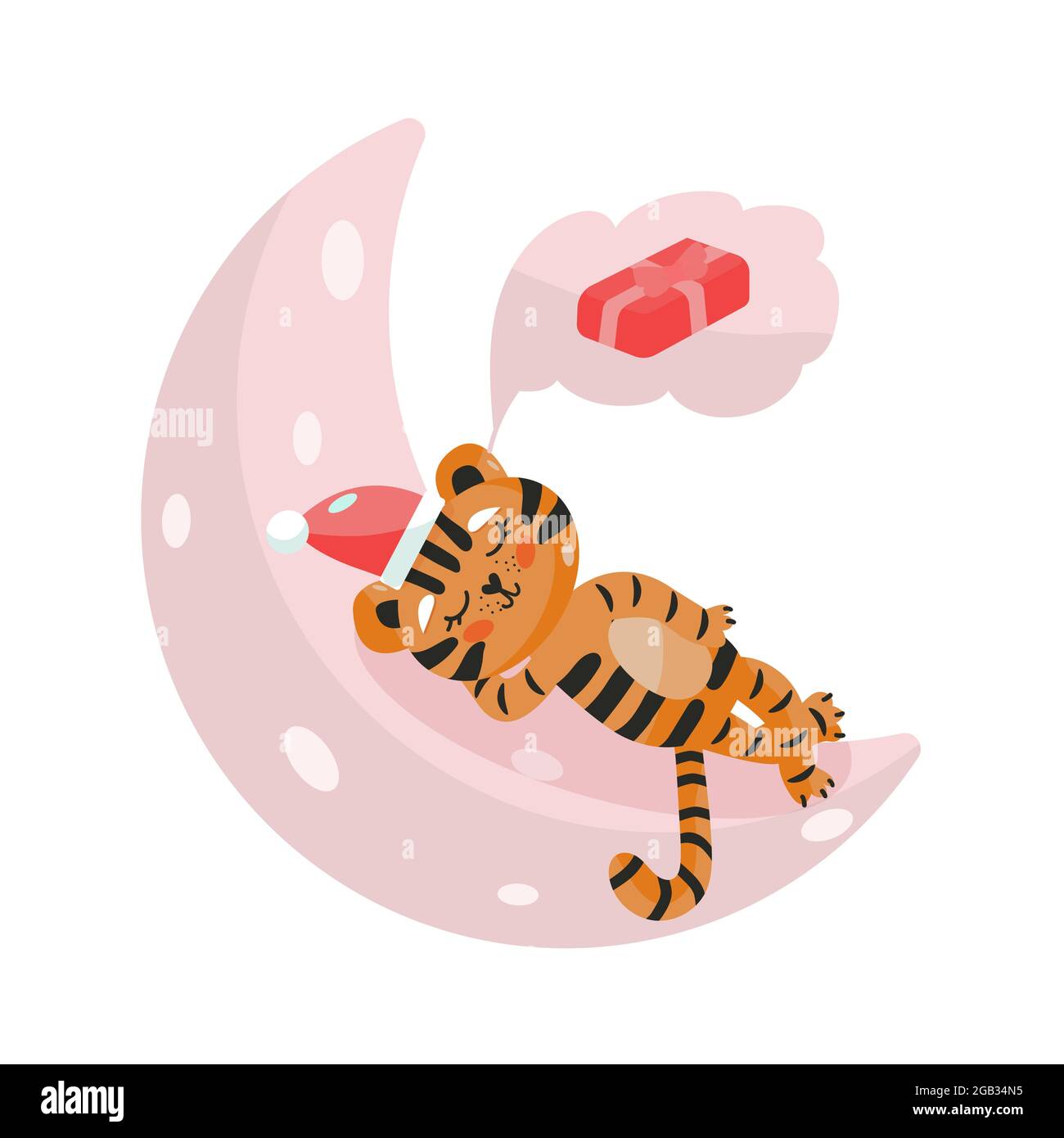 Carino tigre sognare sulla Luna. Illustrazione vettoriale isolato da animali Illustrazione Vettoriale