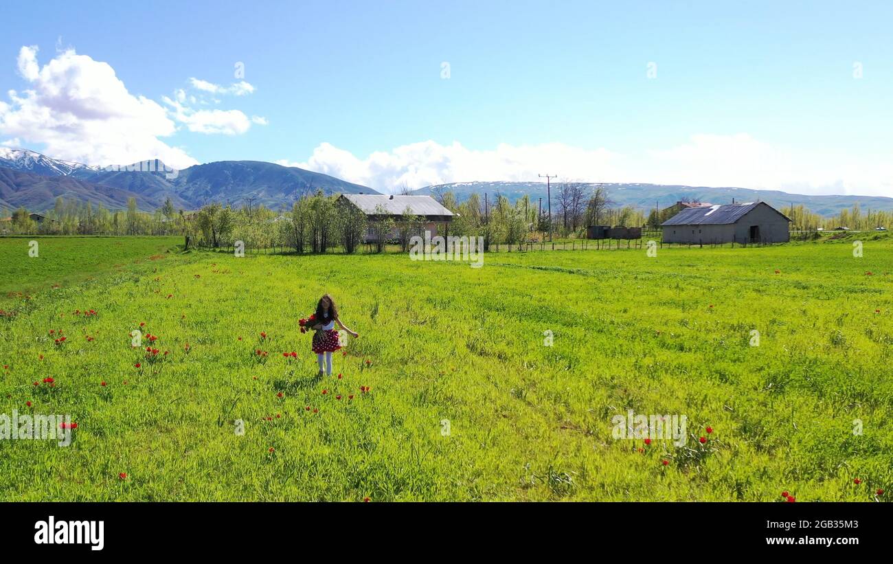 Felice ragazza di saltare sul campo di tulipani contro Sky Foto Stock