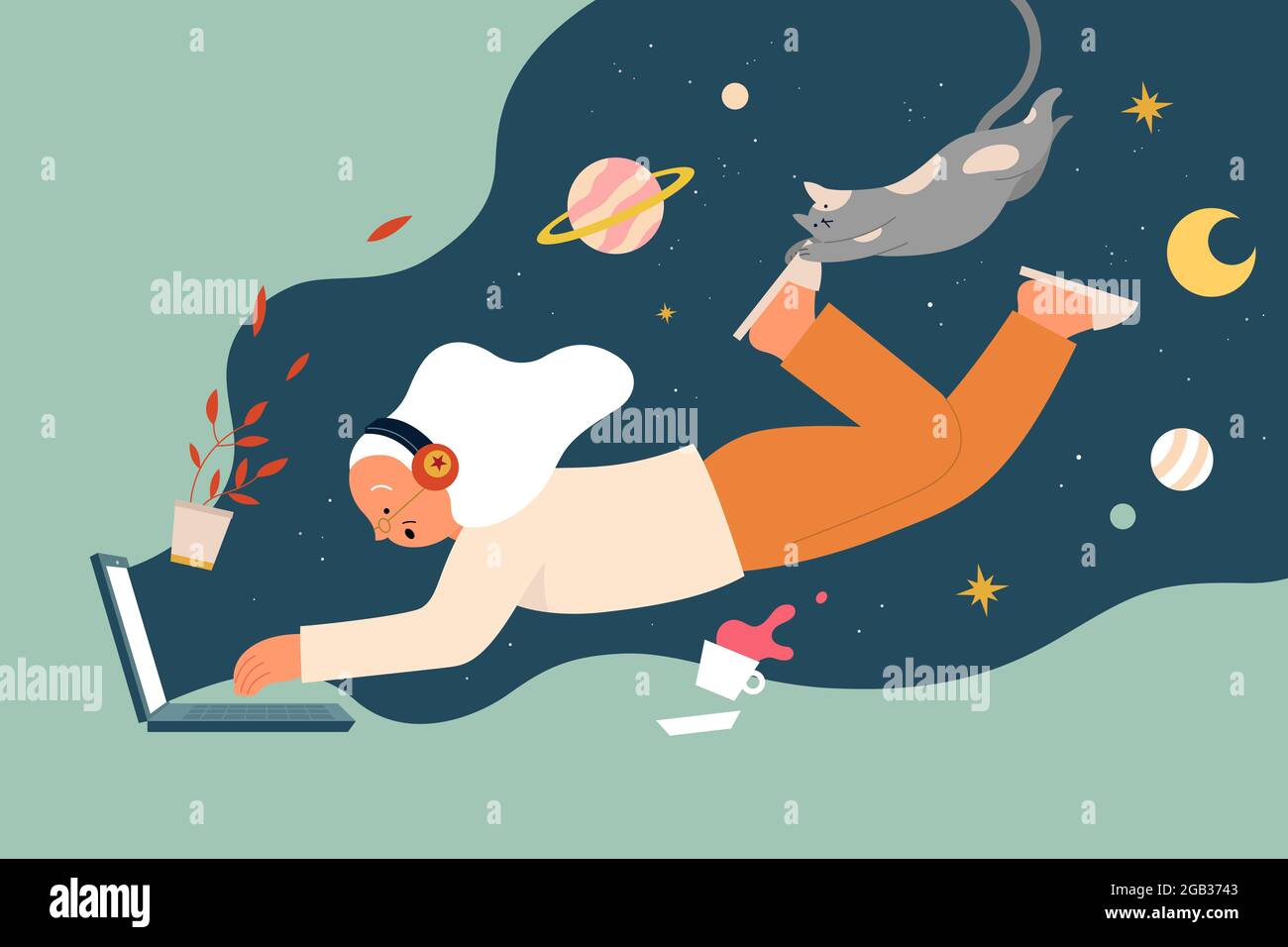 Immagine piatta di una donna anziana che indossa le cuffie che esplora lo spazio online sul computer portatile, con stelle e pianeta sullo sfondo. Concetto di multiuso Illustrazione Vettoriale