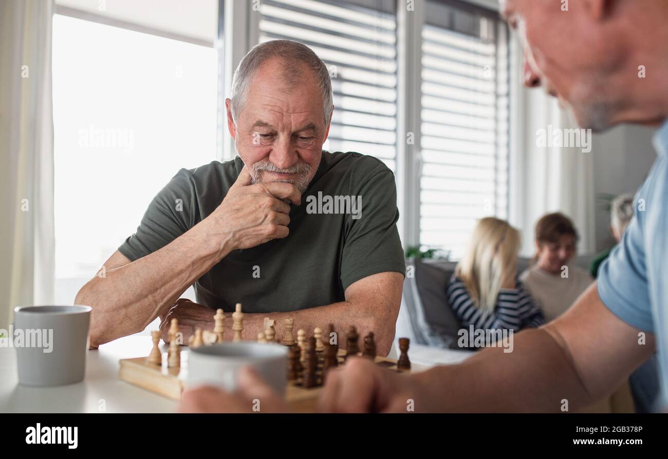 Gruppo di amici senior che giocano giochi da tavolo all'interno, festa e concetto di riunione sociale. Foto Stock