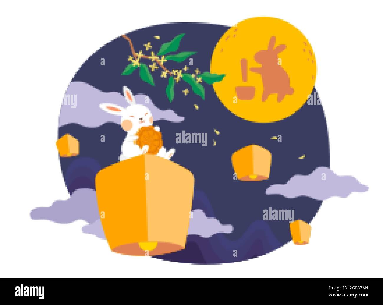 A metà autunno il design della scheda festival con il carattere di coniglio. Illustrazione piatta del coniglio di giada che tiene la mooncake seduto sulla lanterna del cielo e guardando pieno Illustrazione Vettoriale