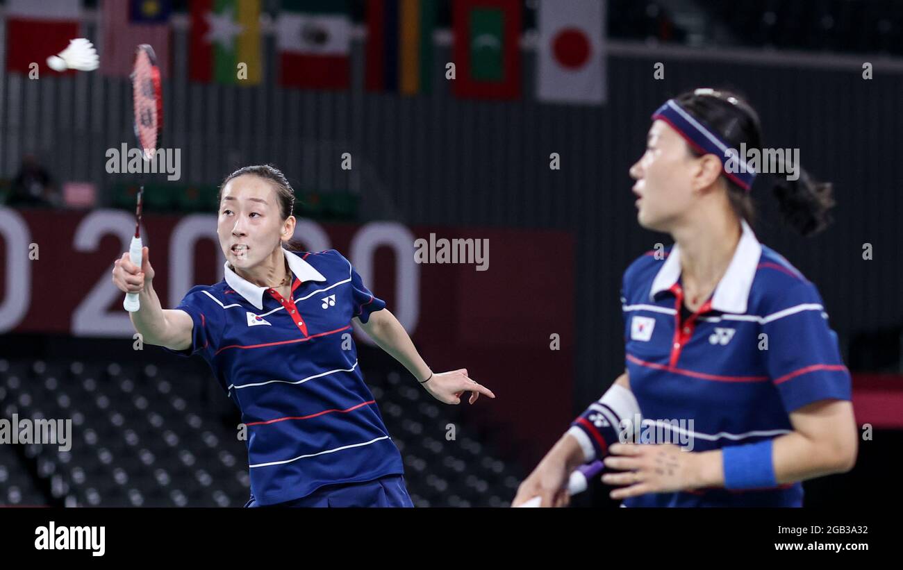 Tokyo, Giappone. 2 agosto 2021. I Lee so-hee (L) /Shin Seung-chan della Corea del Sud competono durante la doppia medaglia di bronzo tra Kim so-yeong/Kong Hee-yong della Corea del Sud e Lee so-hee/Shin Seung-chan ai Giochi Olimpici di Tokyo 2020, Giappone, 2 agosto 2021. Credit: Ou Dongqu/Xinhua/Alamy Live News Foto Stock