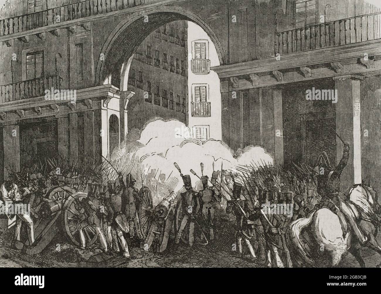 Storia della Spagna. Madrid. Triennio liberale. Difesa della Plaza Mayor, il 7 luglio 1822. In quella data c'era una rivolta, promossa da Ferdinando VII, dei granadieri della Guardia reale con l'obiettivo di rovesciare il governo costituzionale e ripristinare un regime assolutista. Il Volontario Nazionale Militia, che difendeva il Plaza Mayor sotto il comando di Francisco Ballesteros, combatté la rivolta e fu in grado di soffocare la ribellione. Illustrazione di Miranda. Incisione di Rico. Historia Generale de España di Padre Mariana. Madrid, 1853. Autore: Miranda. Calchografo spagnolo. 19 Foto Stock