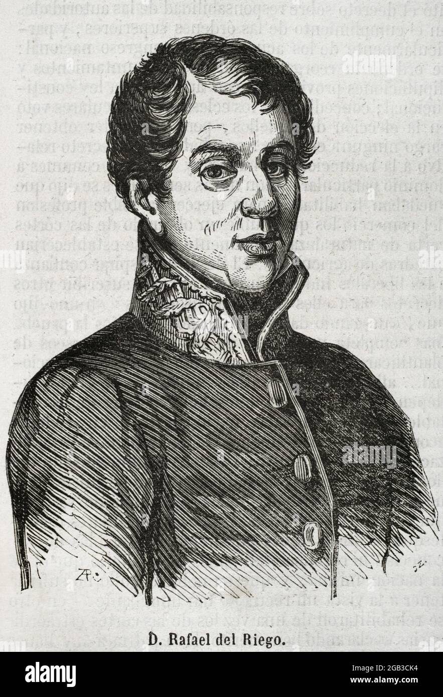 Rafael del Riego (1784-1823). Generale spagnolo e politico liberale, che ha svolto un ruolo chiave nello scoppio del triennio liberale. Verticale. Incisione. Historia Generale de España di Padre Mariana, 1853. Foto Stock