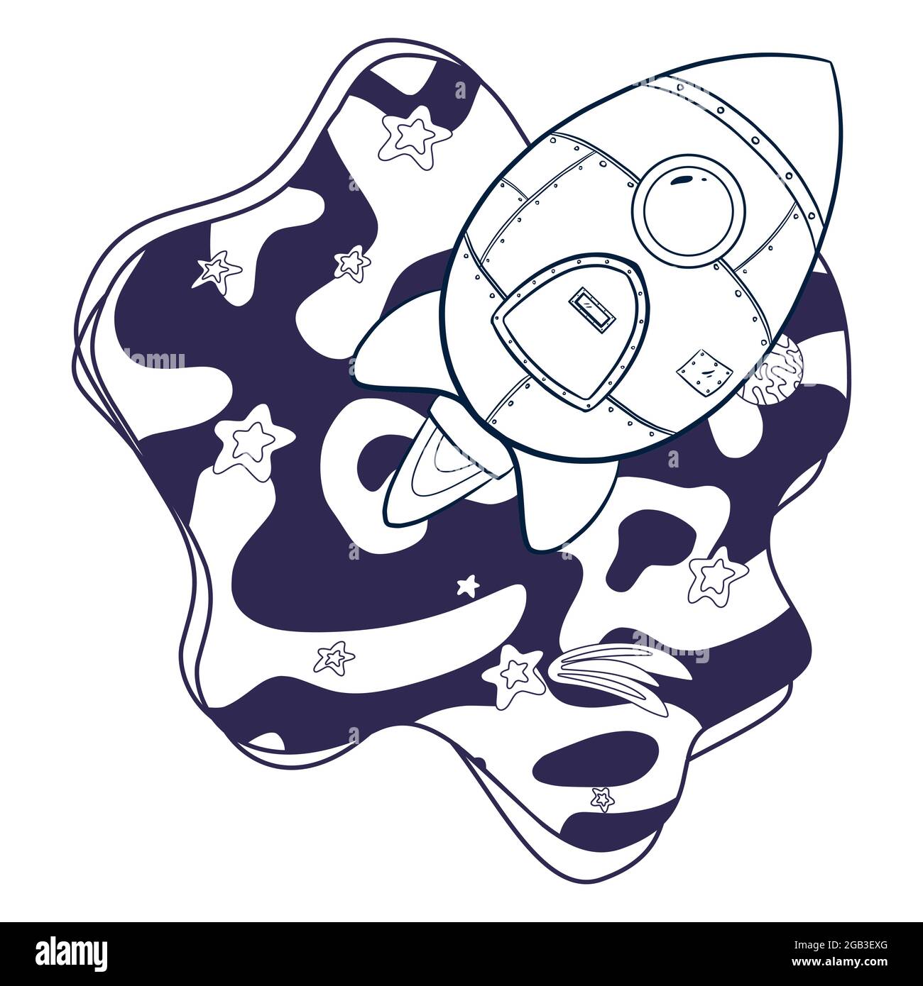Rocket Cartoon in pagina colorazione spazio. Schizzo di astronave e stelle disegnate a mano. Illustrazione di veicolo spaziale per colorare libro, logo, stampa, decorazione della stanza dei bambini, adesivo, Scheda Illustrazione Vettoriale