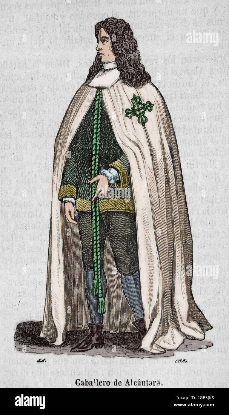 Ordine militare e religioso di Alcántara, fondato nel 1156 nel Regno di Leon. Cavaliere di Alcántara che indossa l'emblema della croce Alcántara ricamata sul suo capo. Incisione. Colorazione successiva. Historia Generale de España di Padre Mariana. Madrid, 1852. Foto Stock