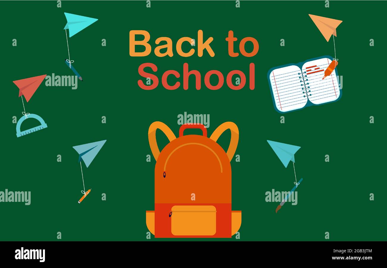 Ritorno a scuola con set di forniture scolastiche e zaino per la scuola Illustrazione Vettoriale