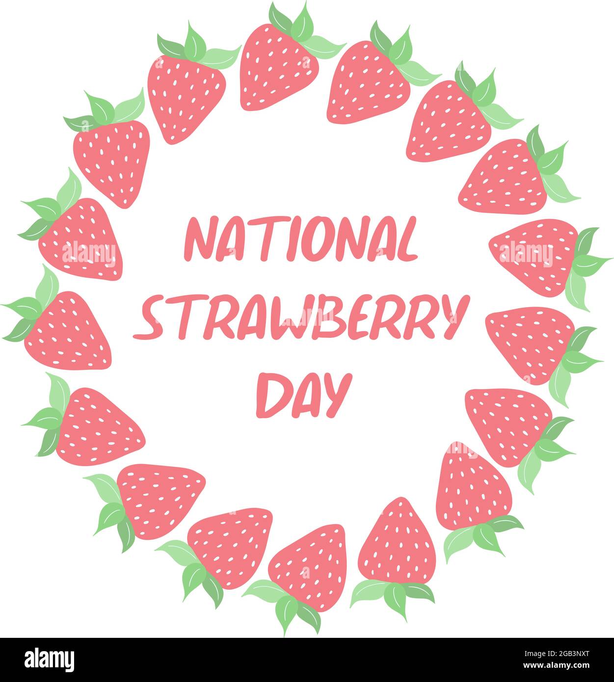 Vettore piatto doodle fragola cornice rotonda isolato su sfondo bianco. National Strawberry Day febbraio 27 - testo scritto. Spazio di copia. Modello per invito, pubblicità estiva. Illustrazione Vettoriale