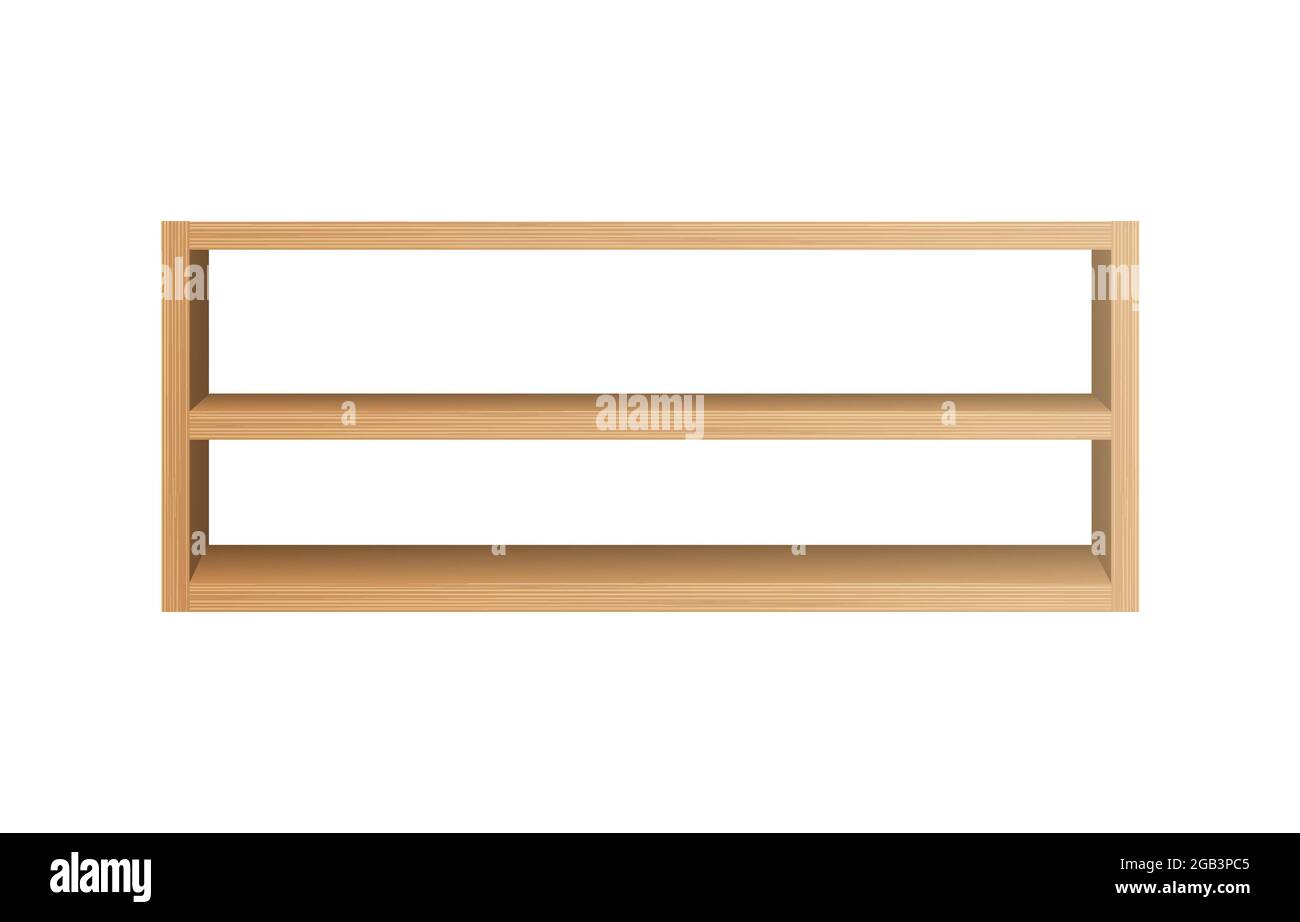 Modello di ripiani in legno allungati. Scaffale doppio vuoto per libri e utensili Illustrazione Vettoriale