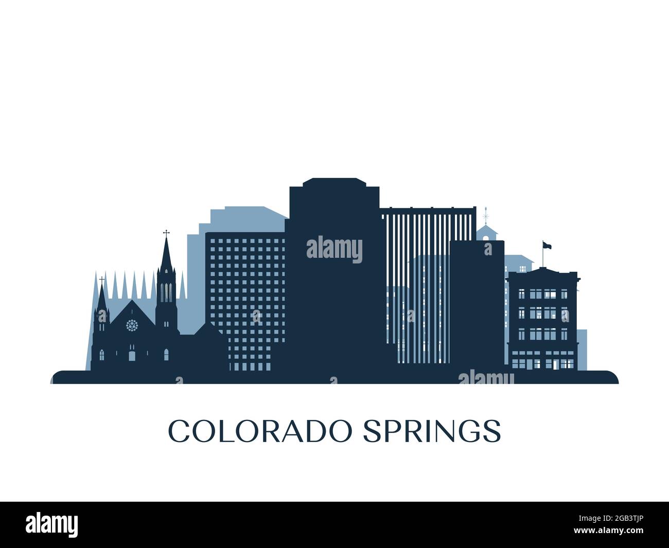 Skyline di Colorado Springs, silhouette monocromatica. Illustrazione vettoriale. Illustrazione Vettoriale