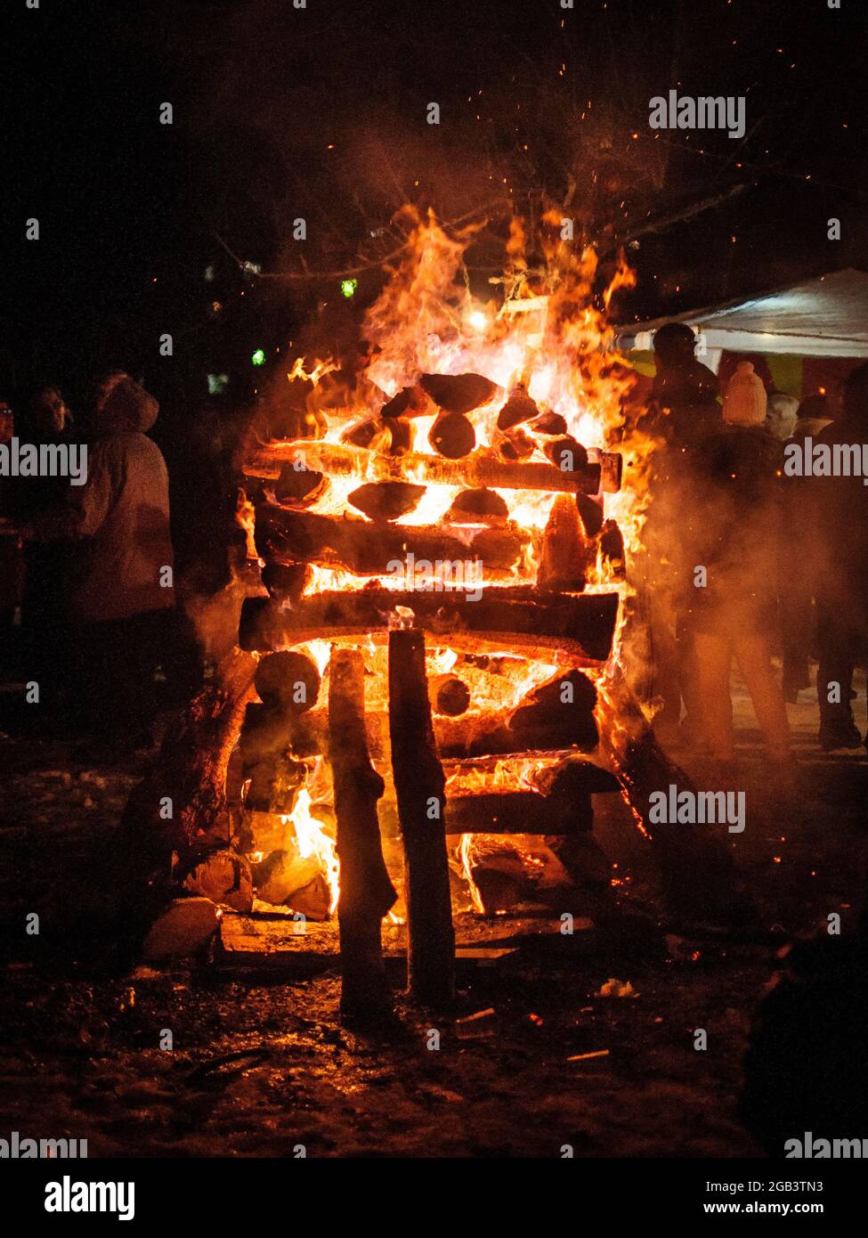 Legna da ardere, fuoco da vicino. Legna da ardere all'aperto. Fuoco con muratura su un picnic. Legna da ardere di betulla. Lingue di fiamma. Foto Stock