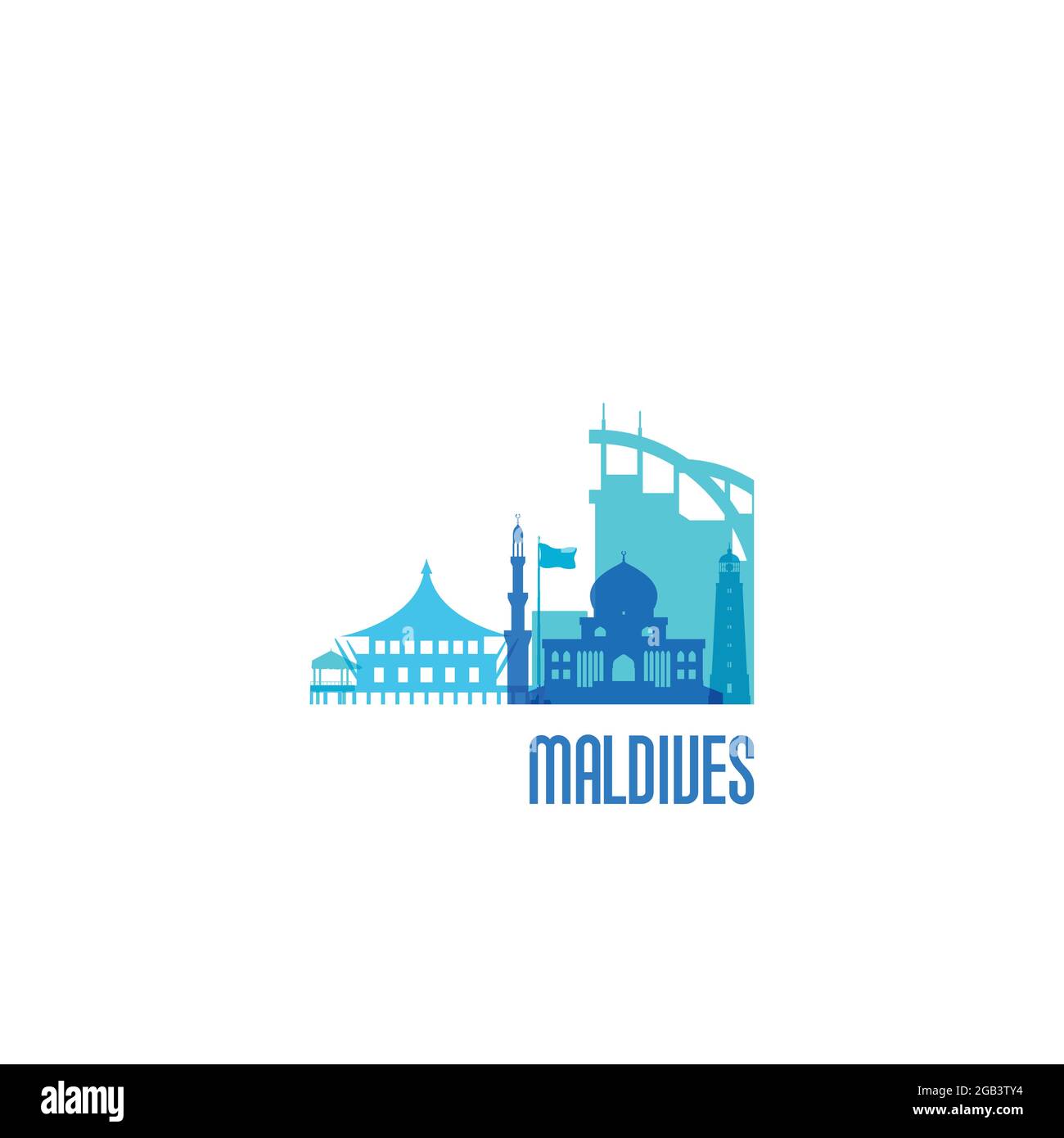Emblema della città delle Maldive. Edifici colorati. Illustrazione vettoriale. Illustrazione Vettoriale