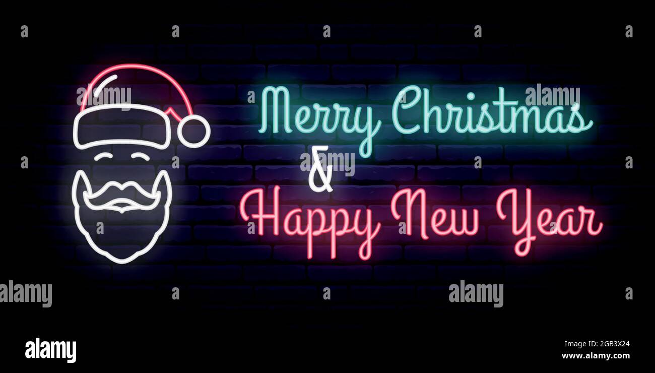 Segno al neon con l'immagine di Babbo Natale e l'iscrizione: Buon Natale & Felice Anno Nuovo. Illustrazione vettoriale. Illustrazione Vettoriale