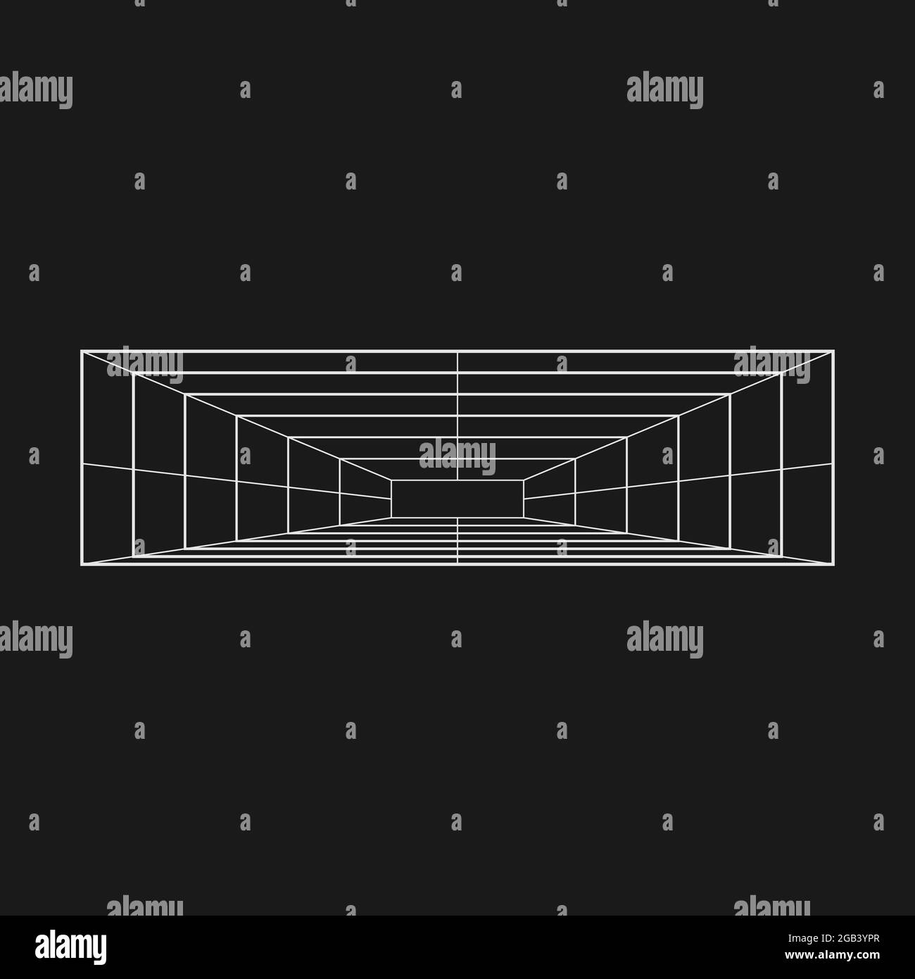 Tunnel rettangolare in prospettiva retrovuturistica. Elemento di design Cyber retro. Tunnel a griglia in stile cyberpunk anni '80. Geometria in prospettiva per poster, copertina Illustrazione Vettoriale