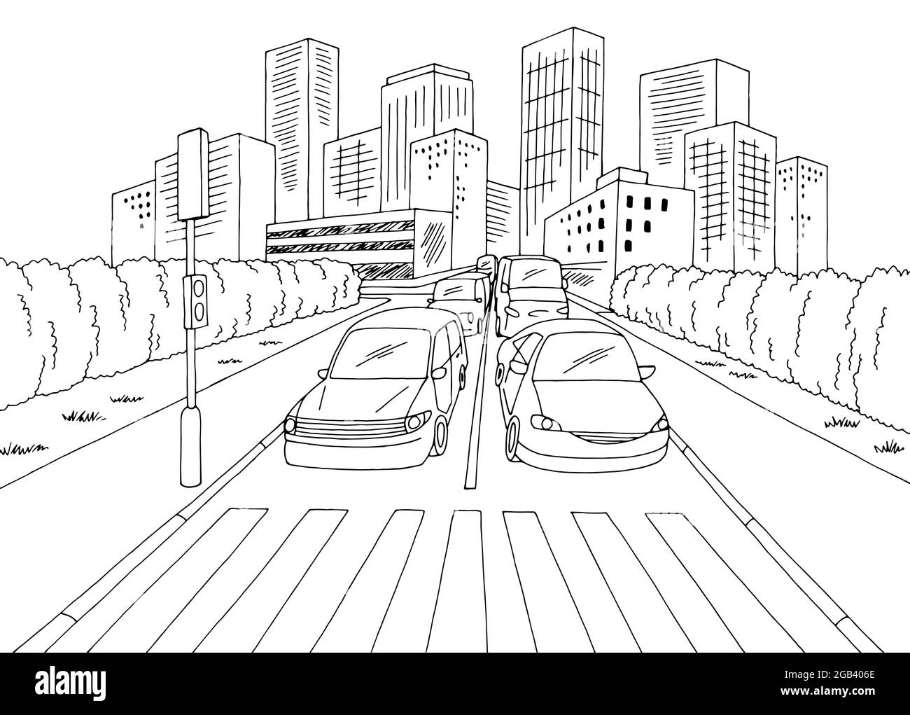 Traffic jam Street Crosswalk Road grafica black white città paesaggio schizzo illustrazione vettore Illustrazione Vettoriale